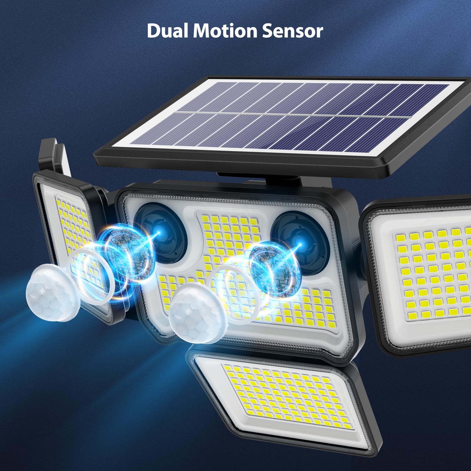 omibee Dual Motion Sensor Solar Flood Lights, 3000LM, IP65 Waterproof, 6 Adjustable Heads, Remote Control, Black, 2 Pack