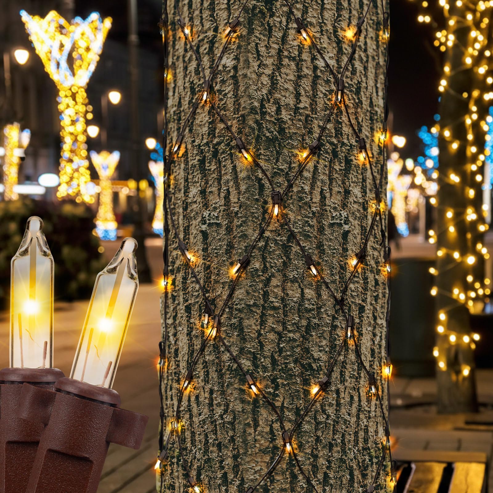 VIHOSE 1 Pcs Outdoor Trunk Lights 2 x 10 ft Mini Warm White Bulbs Net Christmas Tree Wrap String Lights Brown Wire Waterproof fo