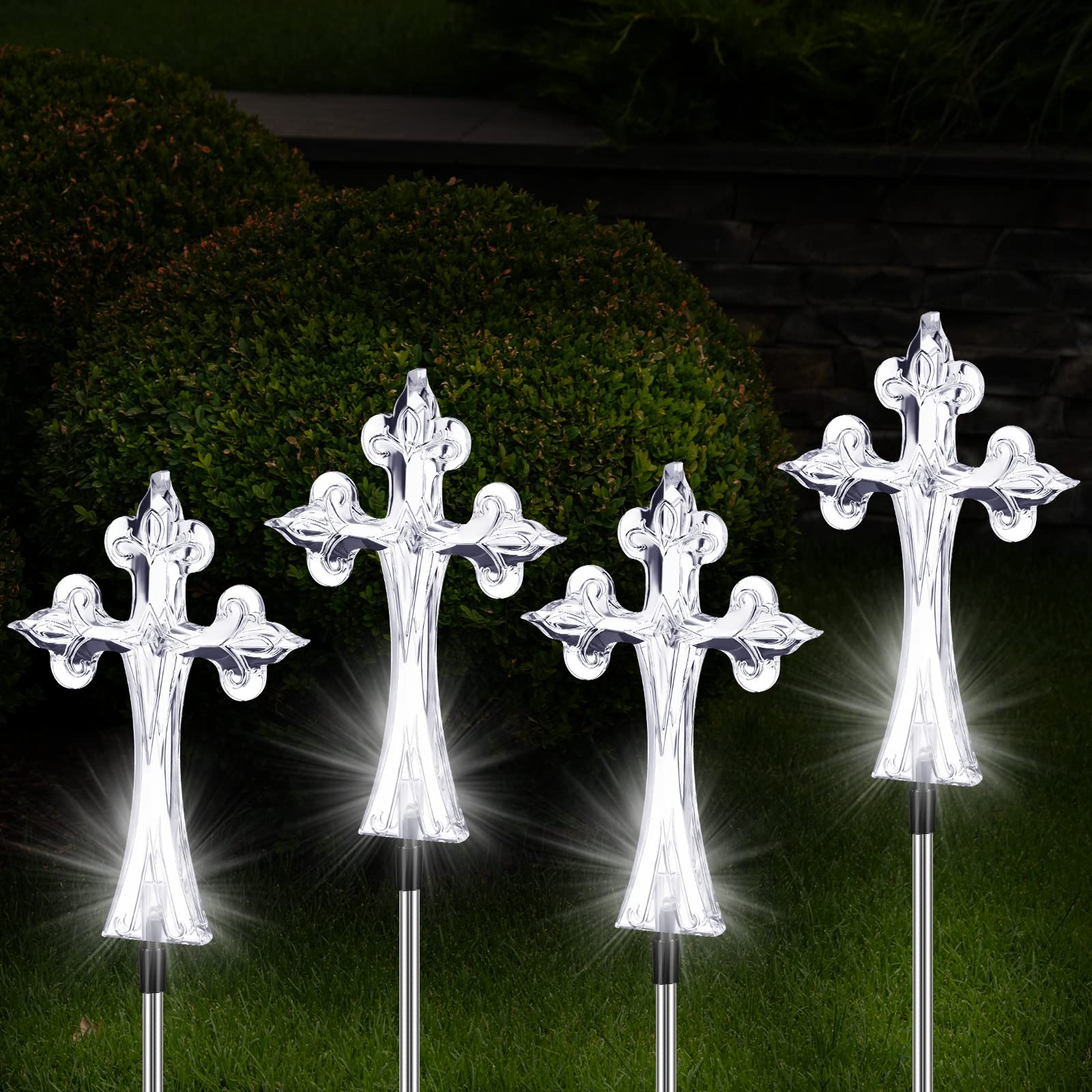 Riakrum 4 Piece Solar Cross for Cemetery Grave Grave Crosses for Cemetery Memorial Stake Solar Lights Waterproof Outdoor Garden 