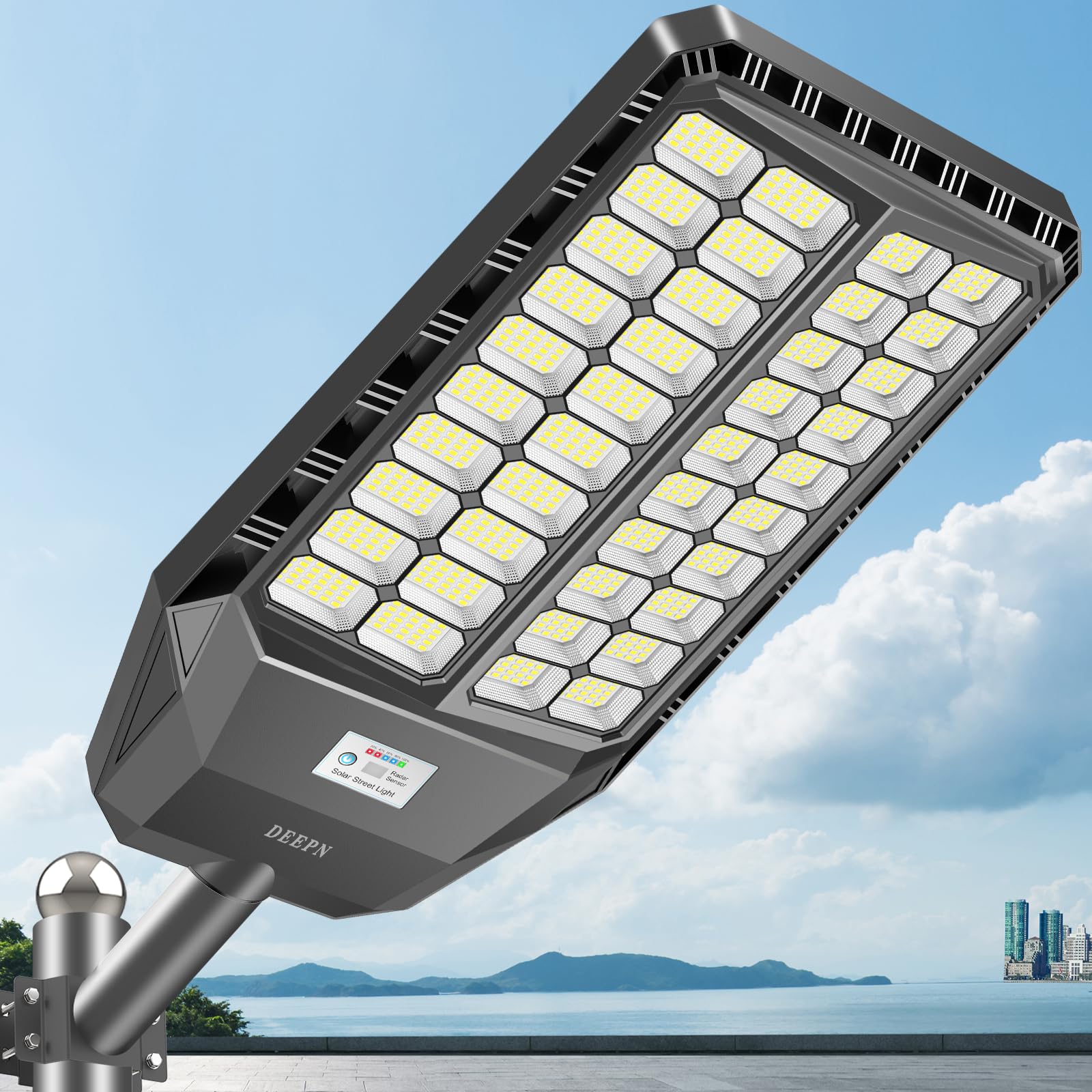 Deepn Ultra-Large Solar Street Light, 9000W IP67 Waterproof, Dusk to Dawn, Motion Sensor, Remote Control, Black, Model TW3601