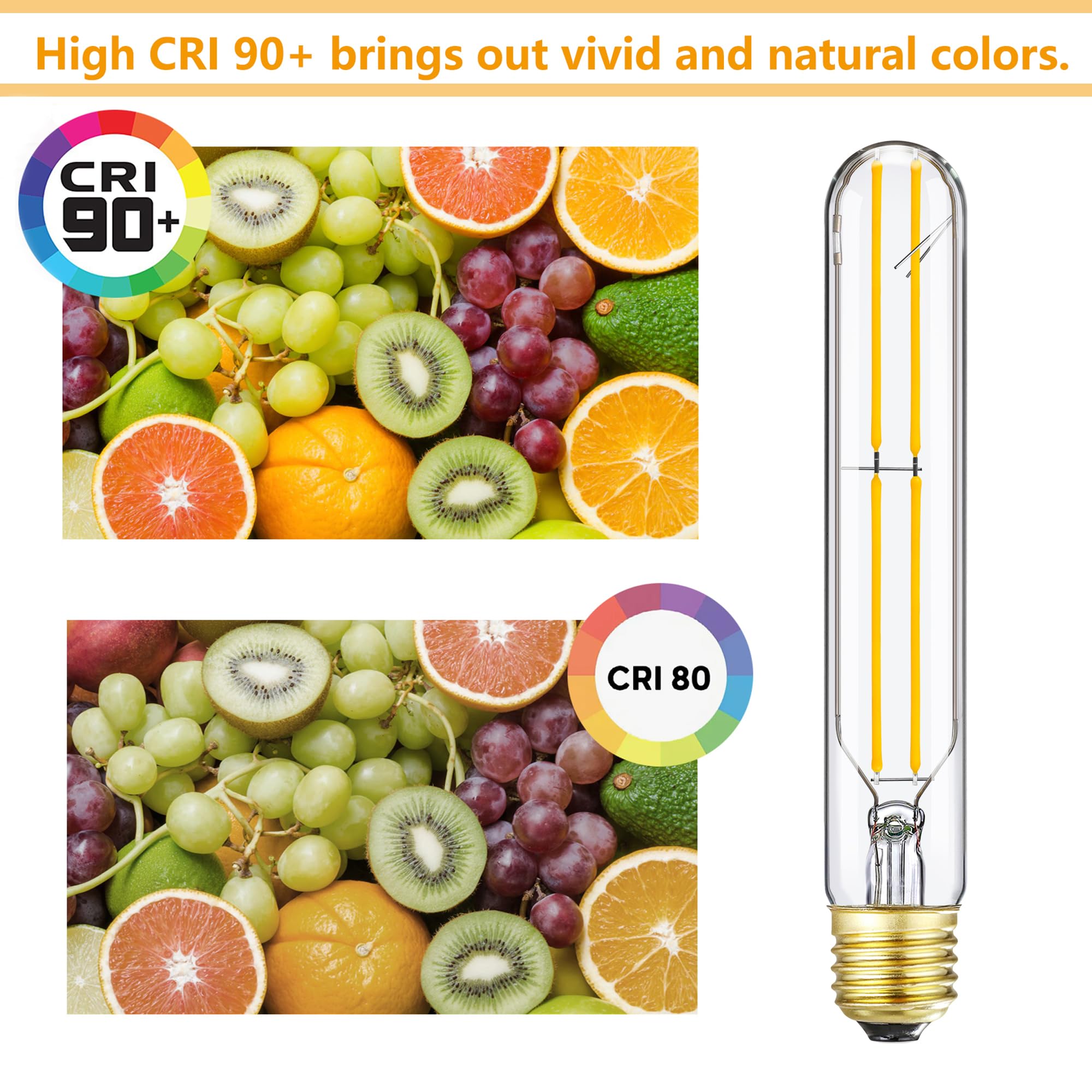 7.3 Inch T10 Led Bulb 60 Watt, Dimmable 3000K Soft White E26 Edison Bulb, Ac120V 600Lm,6W Tubular Long Clear Glass Light Bulb Fo