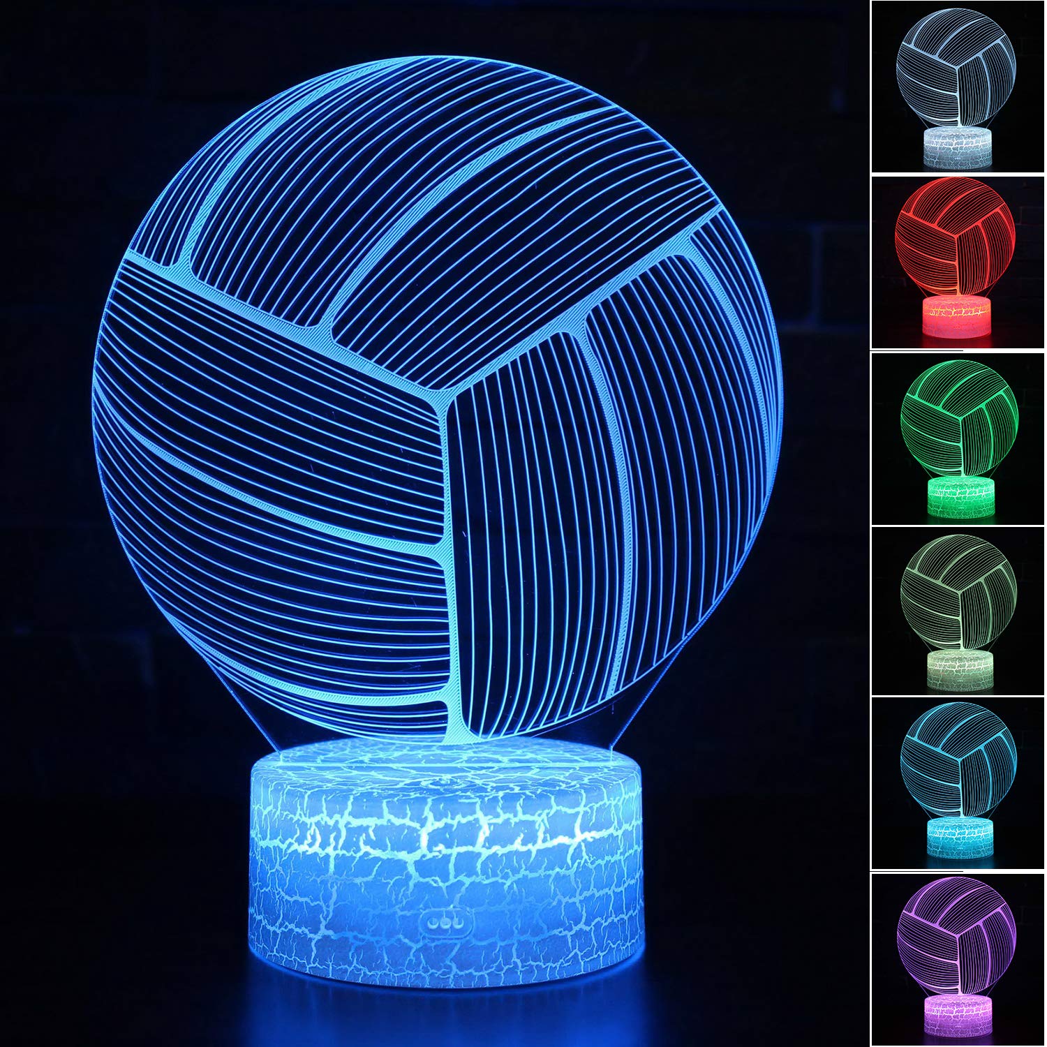 Azalco Volleyball 3D Illusion Night Light,16 Colors Changing Touch Switch & Remote Control,Acrylic Flat & Abs White Crack Base &
