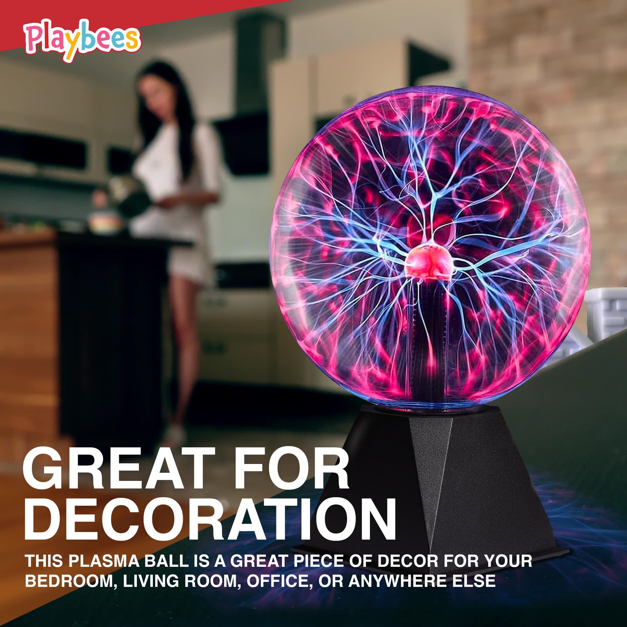 Playbees Red Plasma Ball - 7 Inch Tesla Coil Bulb in Vacuum Glass Globe - Static Electricity Display for Decorations and STEM Activities