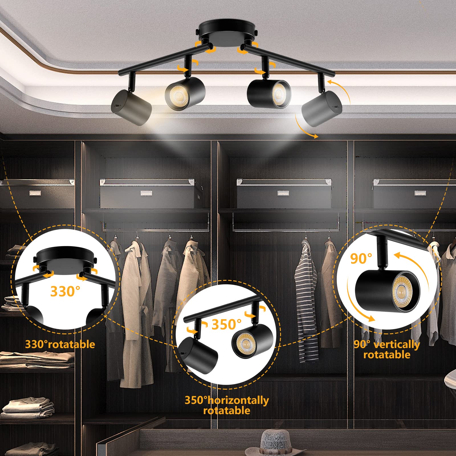 Vanoopee 5-Color 4 Light Black Led Track Lighting Fixtures Ceiling For Kitchen, Dimmable Track Lighting Kit, Ceiling Spotlight F