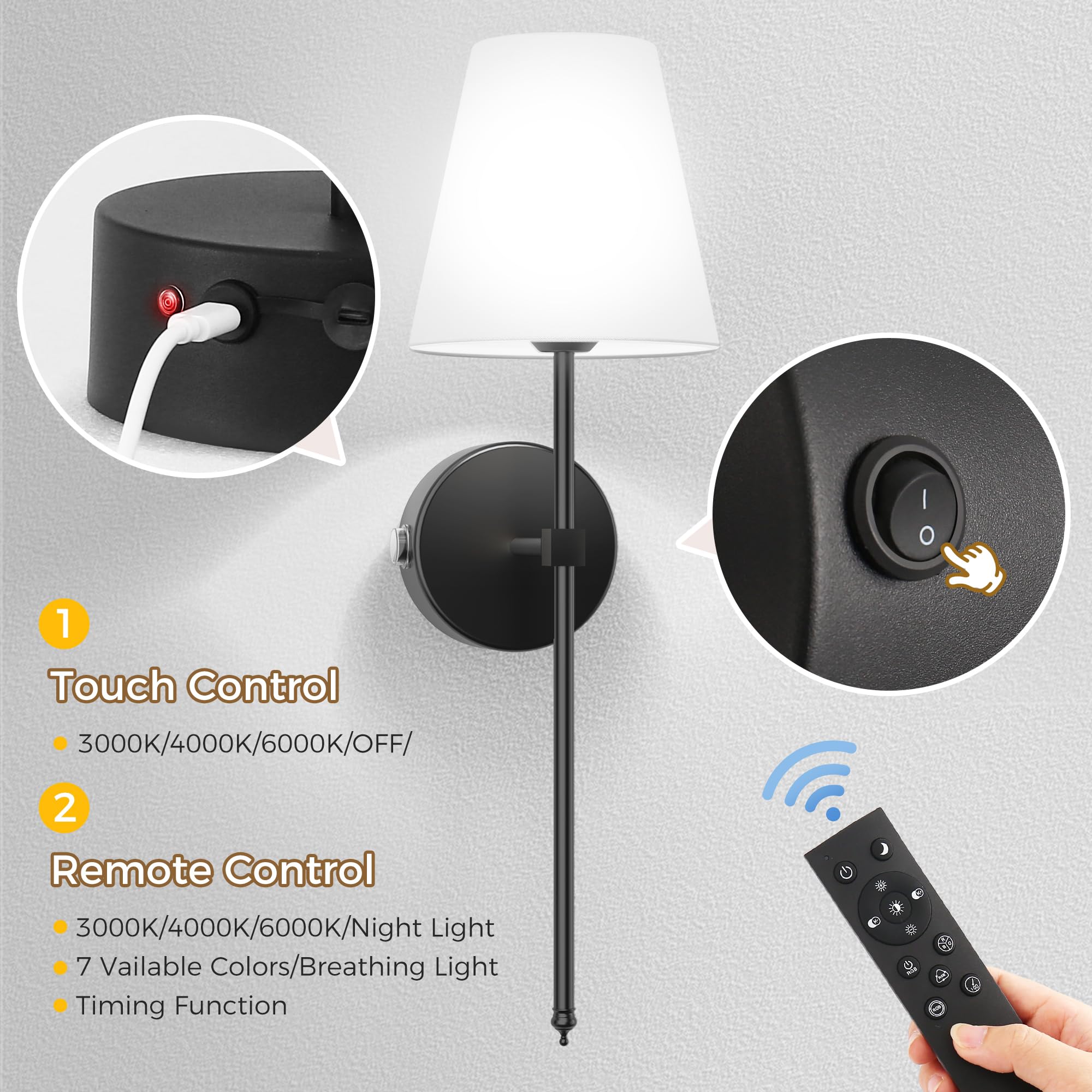 DORESshop Battery Operated Wall Sconce Set of Two, Rechargeable 10000mAh, Dimmable, 25 Inch, Black Metal