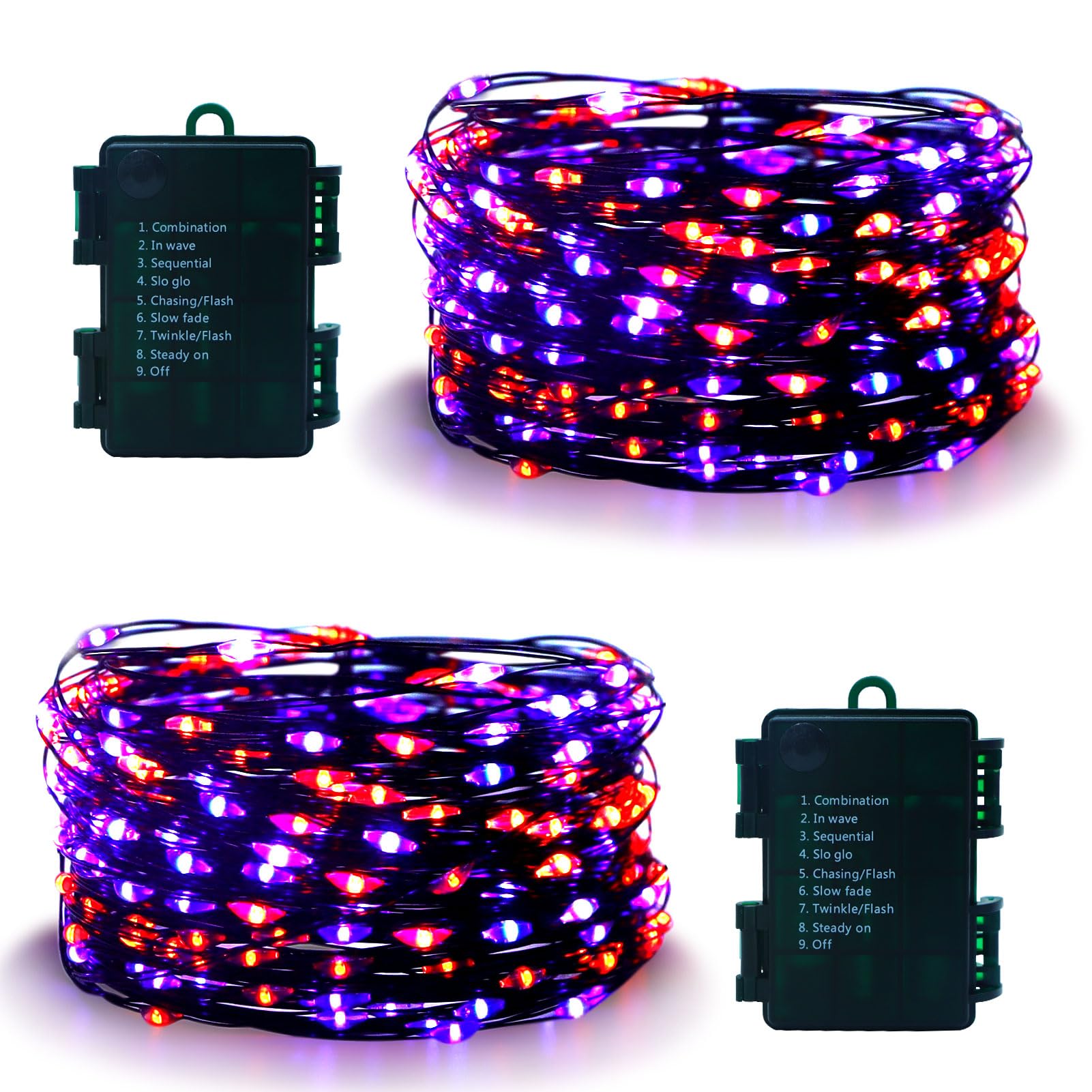 echosari 200 LED Halloween Fairy Lights, 66Ft Silver Wire, 8 Modes, Battery Operated, 2 Pack, Purple & Orange
