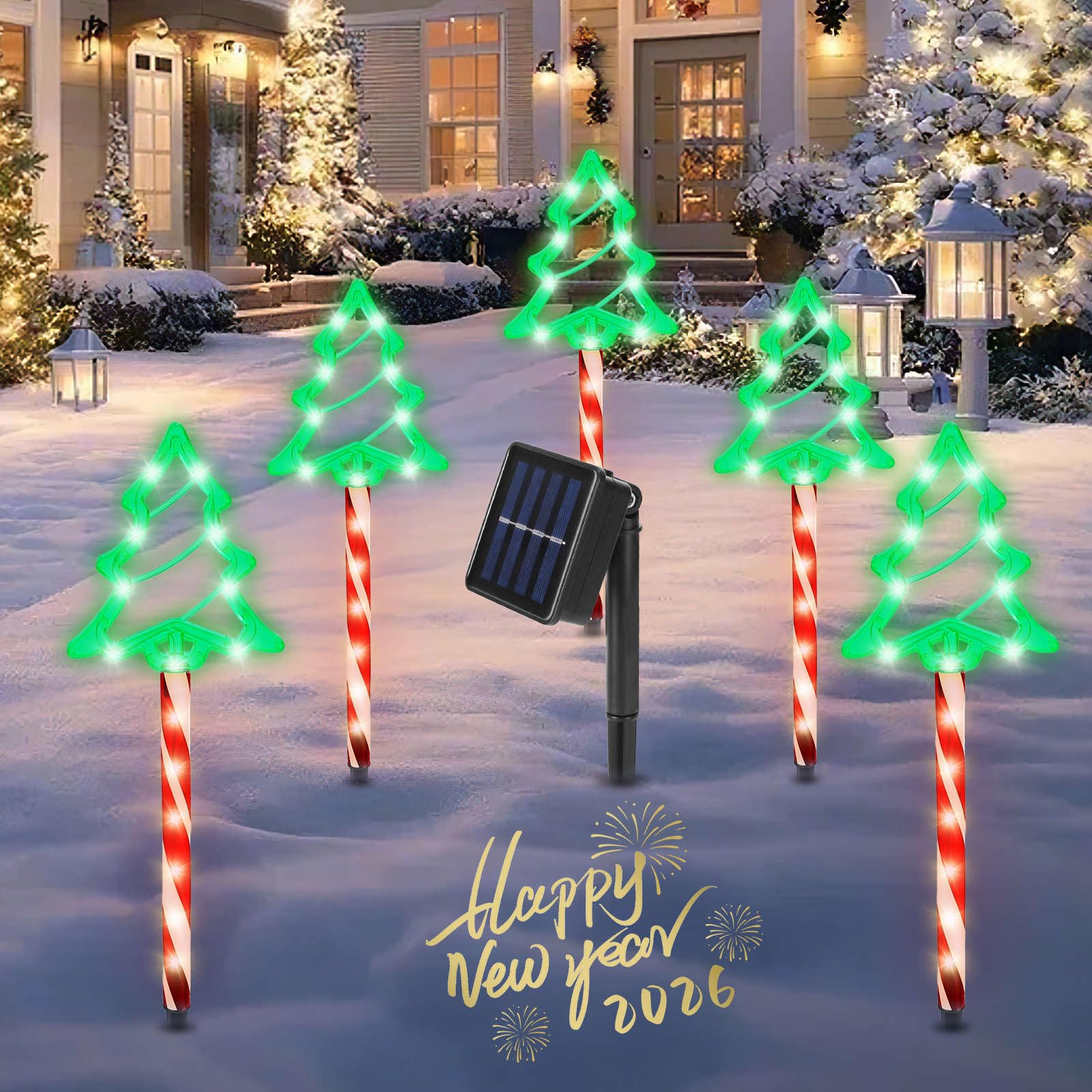 TeqHome 5 Pack Solar Christmas Pathway Lights, Outdoor Solar Christmas Decorations Stake Decorative Lights Xmas Tree with 8 Ligh