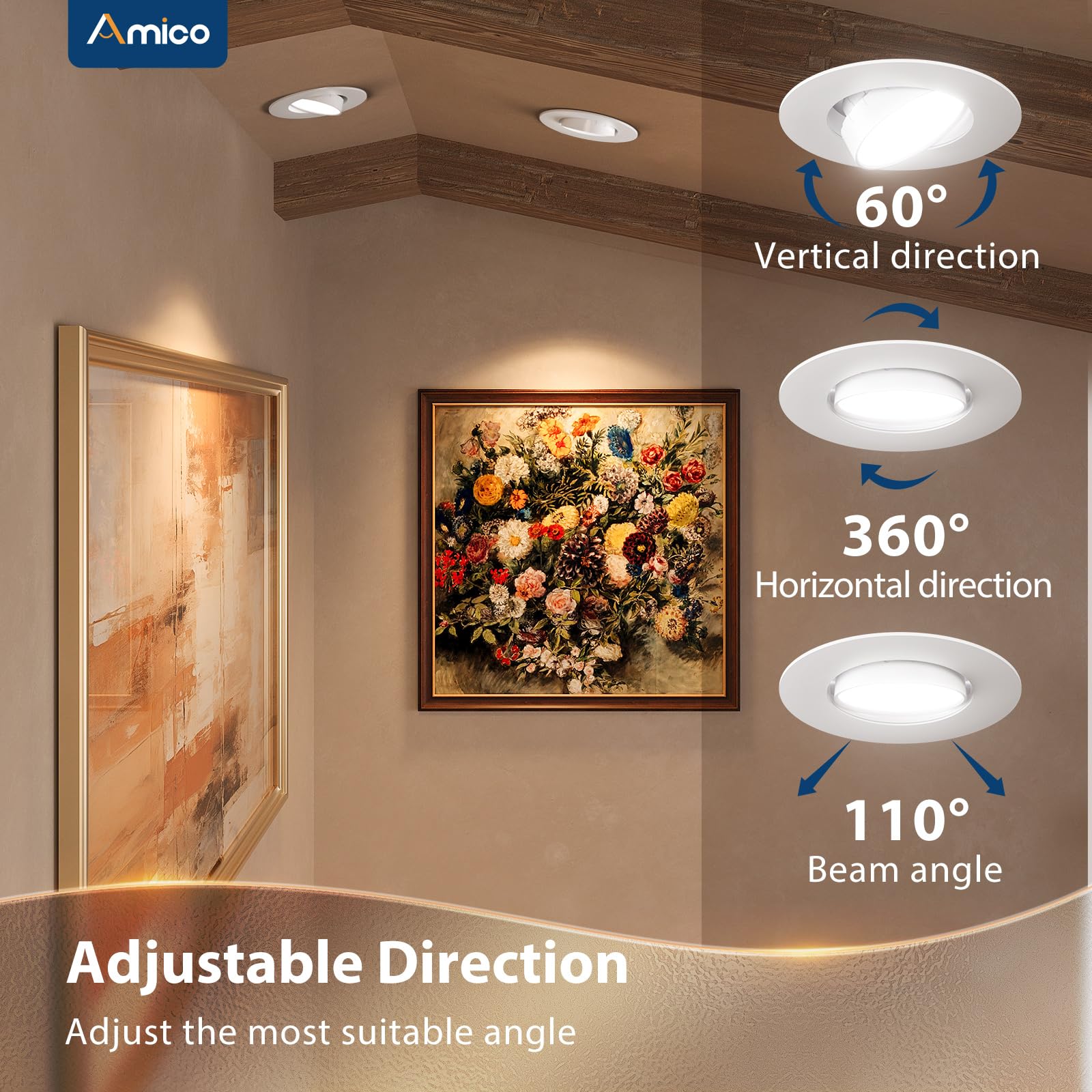 Amico 5/6 Inch Retrofit Eyeball Gimbal Can Lights, 6 Pack, 5CCT LED, 16W=150W, 1500 LM, Adjustable Ceiling Down