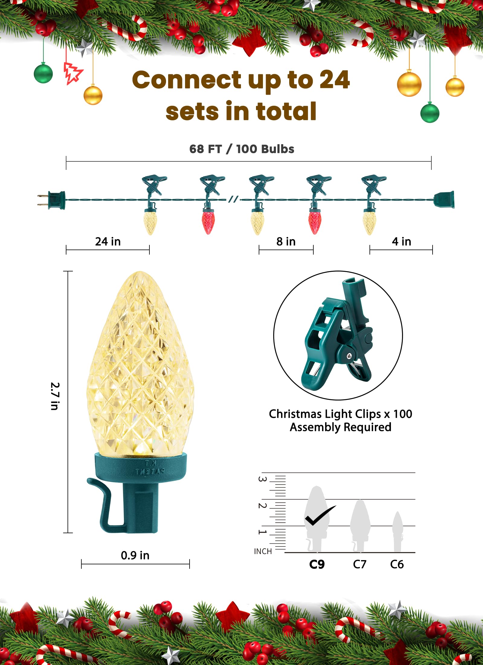 C9 Led Christmas Lights Outdoor  66 Feet 100 Led C9 String Light With 100 Spring Clips  Waterproof Connectable Christmas Tree Lights For Outside Roofline Patio Home Xmas Decor  Red & Warm White