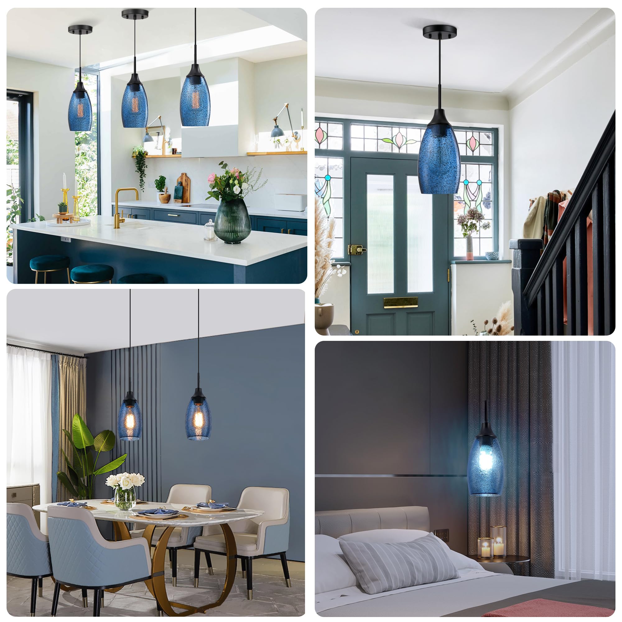 Viinew Mini Glass Pendant Light,4.72'' Dark Blue Glass Hanging Light 3-Pack Handblown Clear Blue Seeded Shade Adjustable Cord Ce
