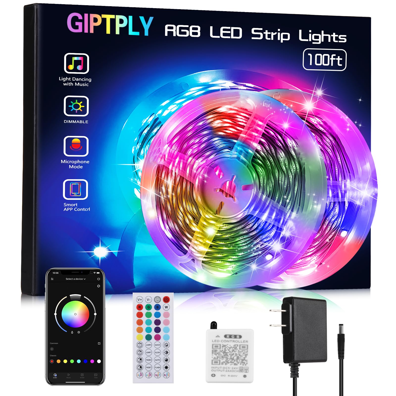 Giptply Led Lights For Bedroom 100Ft, Led Strip Lights, Music Sync Color Changing Led Lights With App And 44 Keys Remote Control