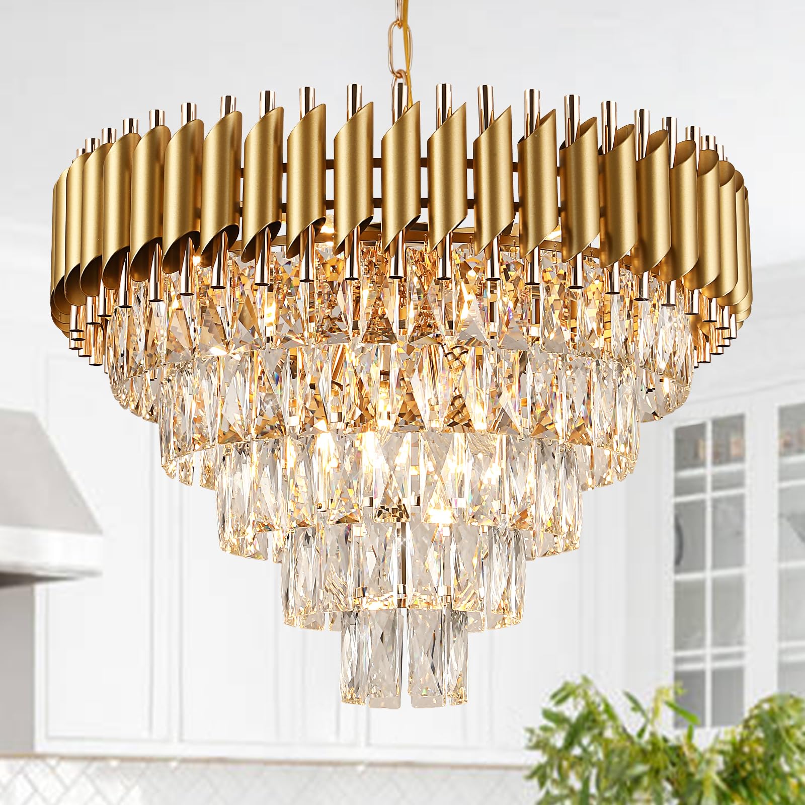 Axilixi Modern Crystal Chandelier Gold, 24" Round Chandeliers For Dining Room K9 5 Tiers Ceiling Pendant Light Fixtures Golden Large Raindrop Flush Mount Chandelier For Foyer Living Room Staircase