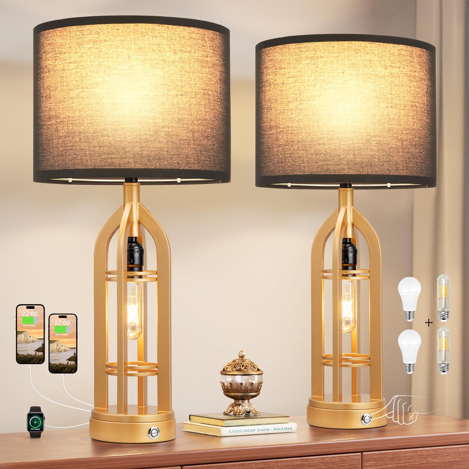 Seealle Table Lamps for Living Room Set of 2 - Gold Bedside Lamp for Bedroom with USB C+A & Outlet, Farmhouse Lamps for Night St