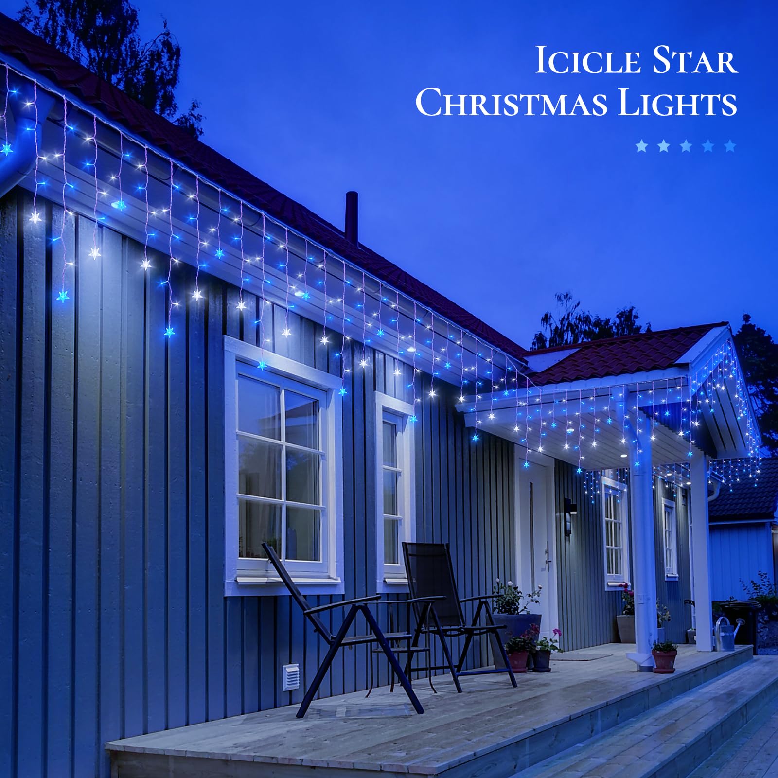 Oopswow Icicle Lights Outdoor 200 LED Curtain Fairy Lights, 16.5FT, Blue & White, 8 Modes with Timer, Perfect for Weddings & Christmas Decor