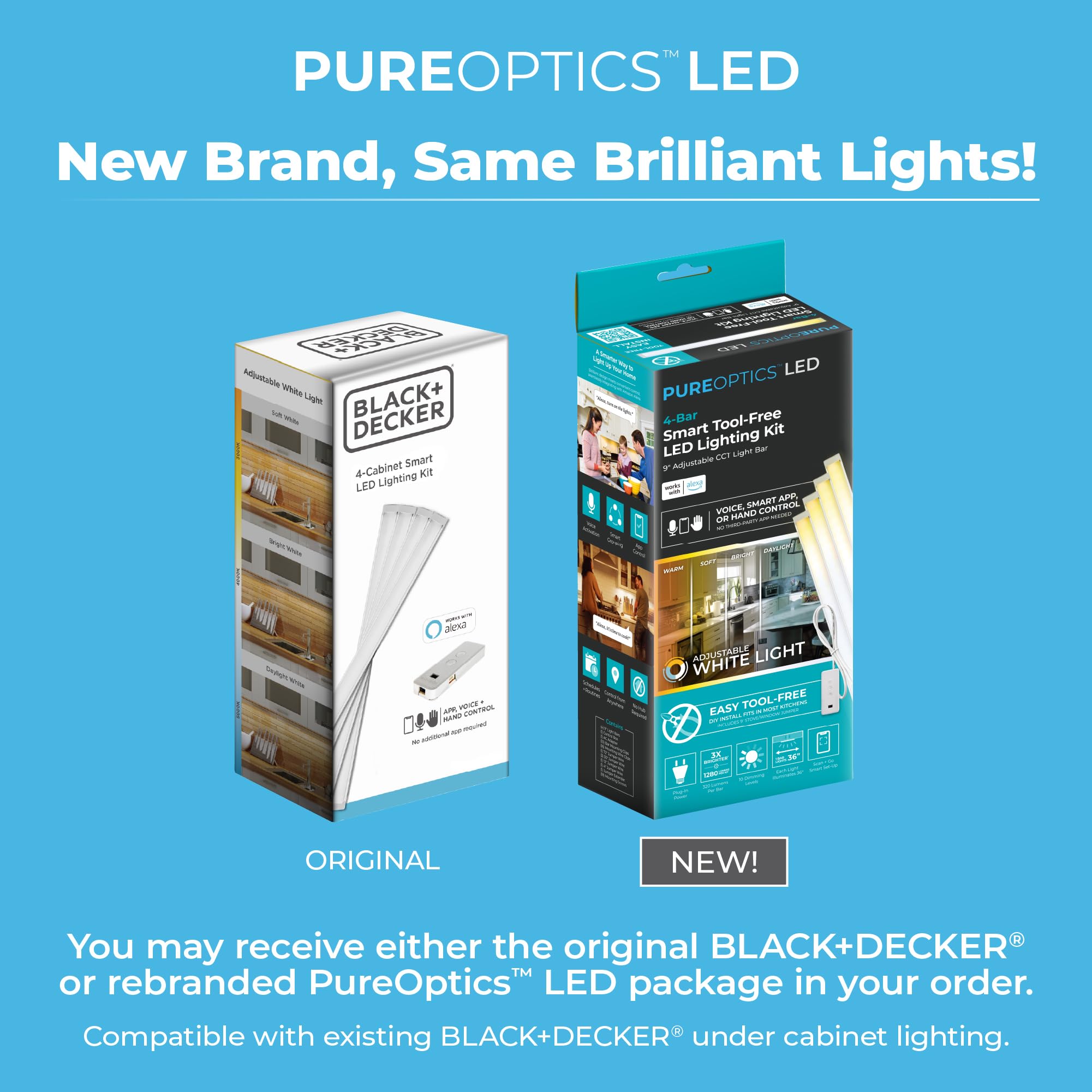 PureOptics LED Works with Alexa Smart LED Under Cabinet Lighting Kit, Motion Sensor, Dimmable , 3 Color Settings, For Kitchen, C