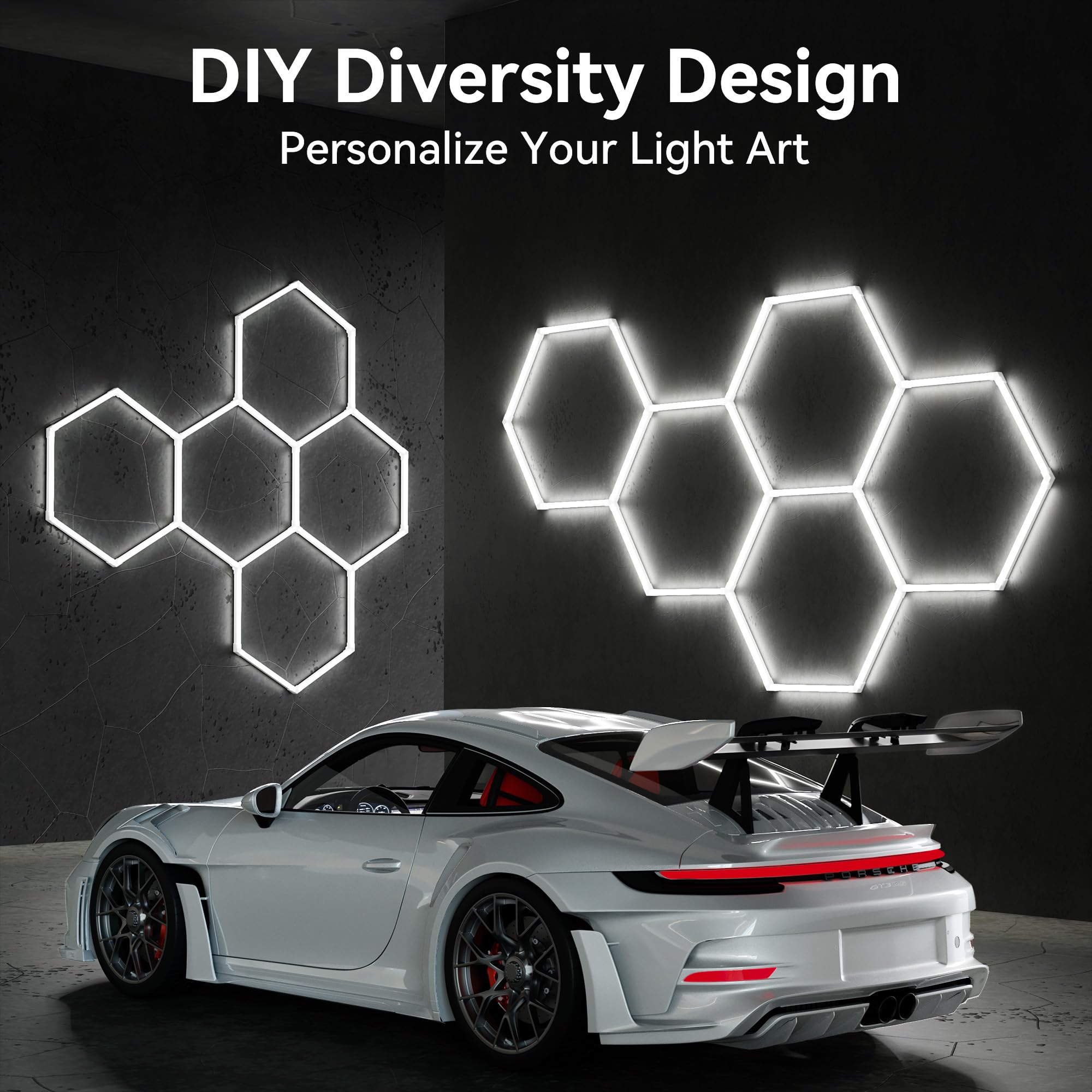 MODERN 11 Hexagon LED Garage Light, Ultra-Bright 6500K, White, 129"L x 92.5"W x 1.4"H, Ideal for Garage, Shop
