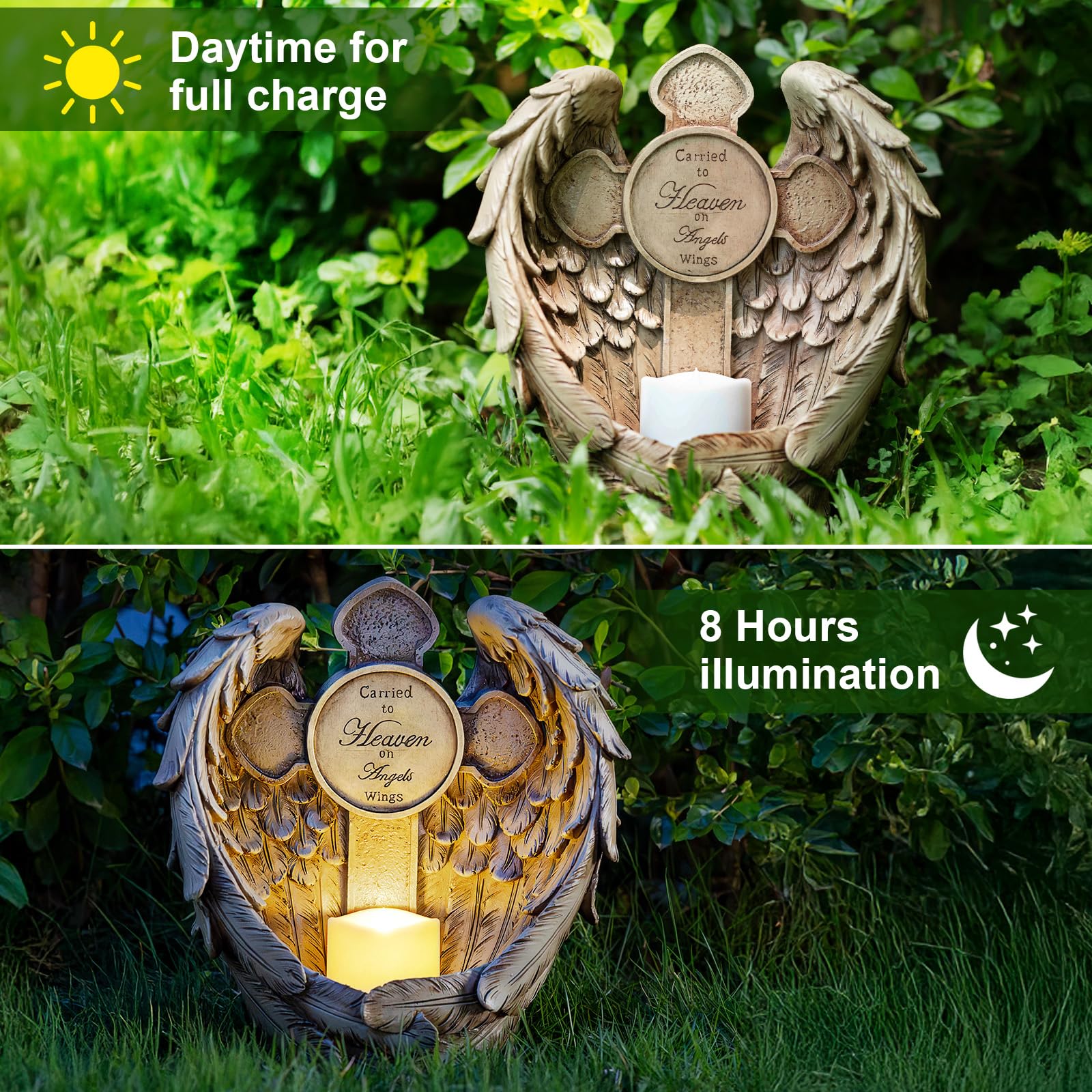 Candieslife Solar Angel Wing Cross Garden Lights, Waterproof Memorial Decor, 12" Resin, Angel Wings for Cemetery and Outdoor Use