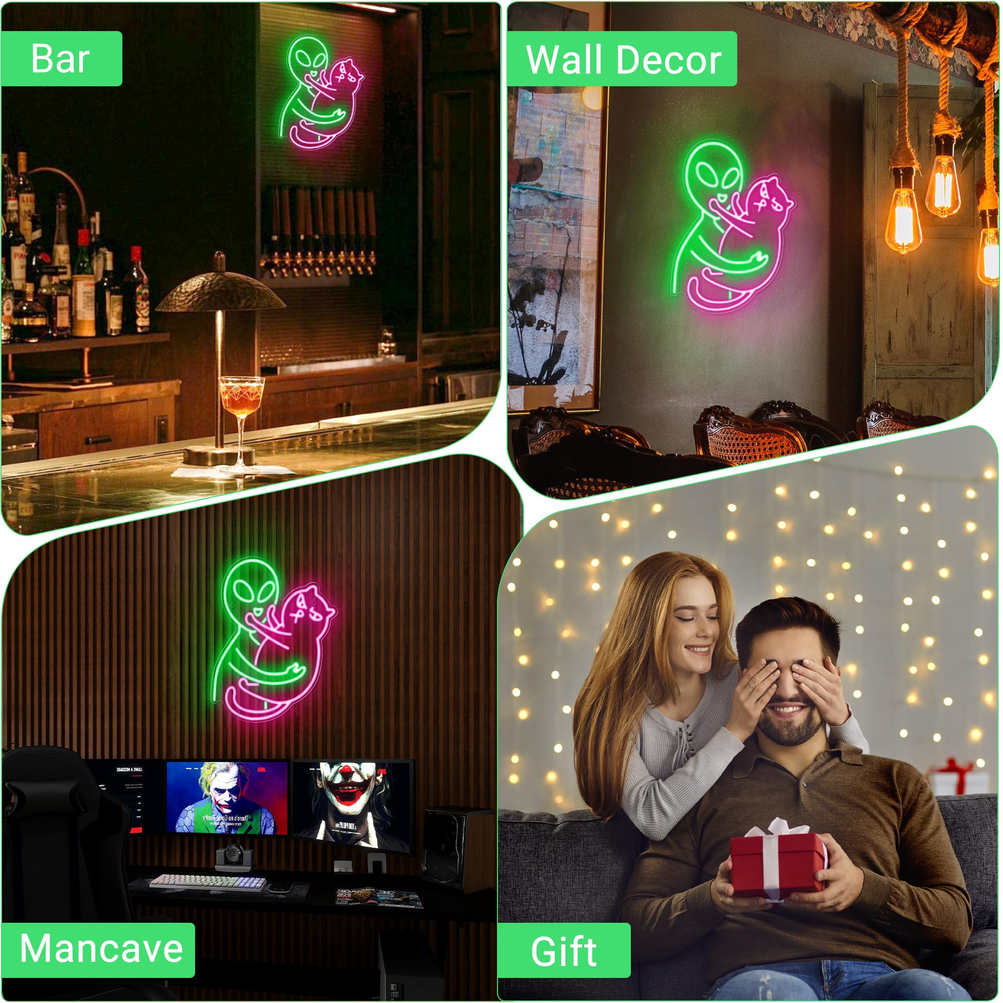 Kavaas Alien Cat Neon Sign  Green Alien Petting Cat Led Light For Game Room  Party  Bar  Man Cave Decor | Alien Neon Light Wall Decor - Best Gifts For Alien Fans  Teenage Boys  Kids