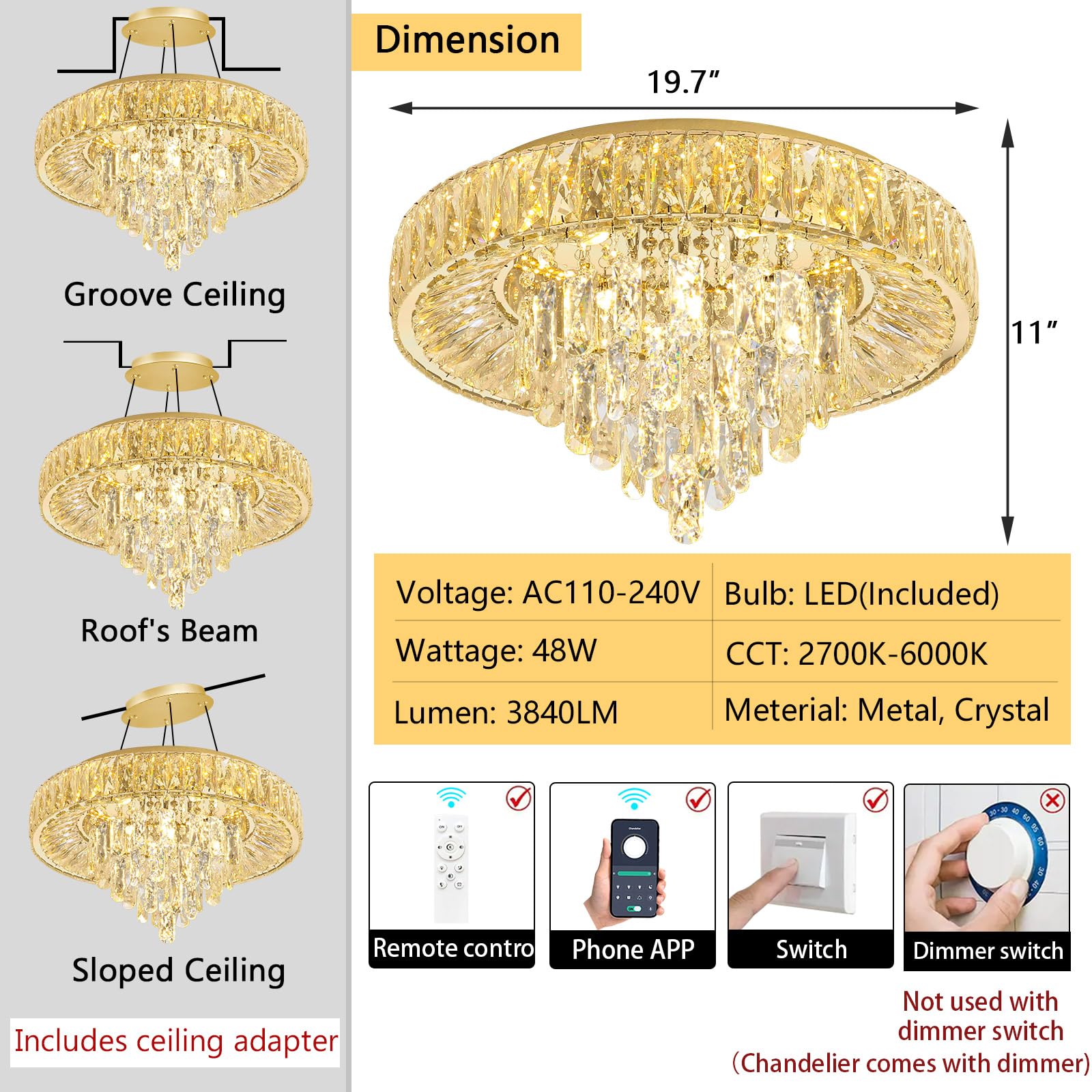 dolria Modern Crystal Chandelier LED Flush Mount Light Fixture 19.7" Gold, Dimmable with Remote for Dining Room, Living Room, Bedroom