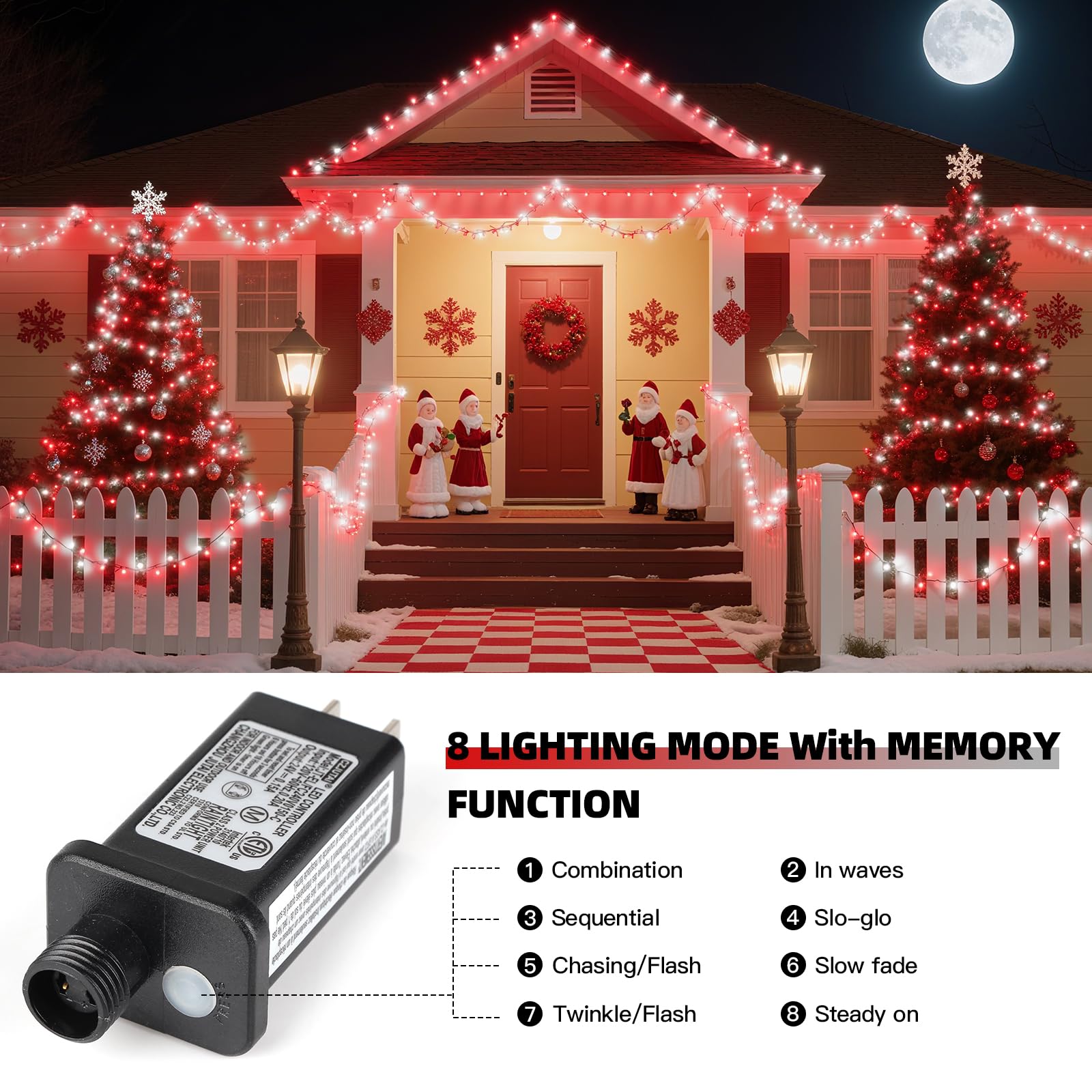 Xtf2015 Christmas String Lights  105Ft 300 Led Christmas Lights 8 Modes Memory Function & Timer- Ul Certified - Outdoor Indoor Christma S Fairy Lights For Tree  Garden  Party  Wedding(Red + White)