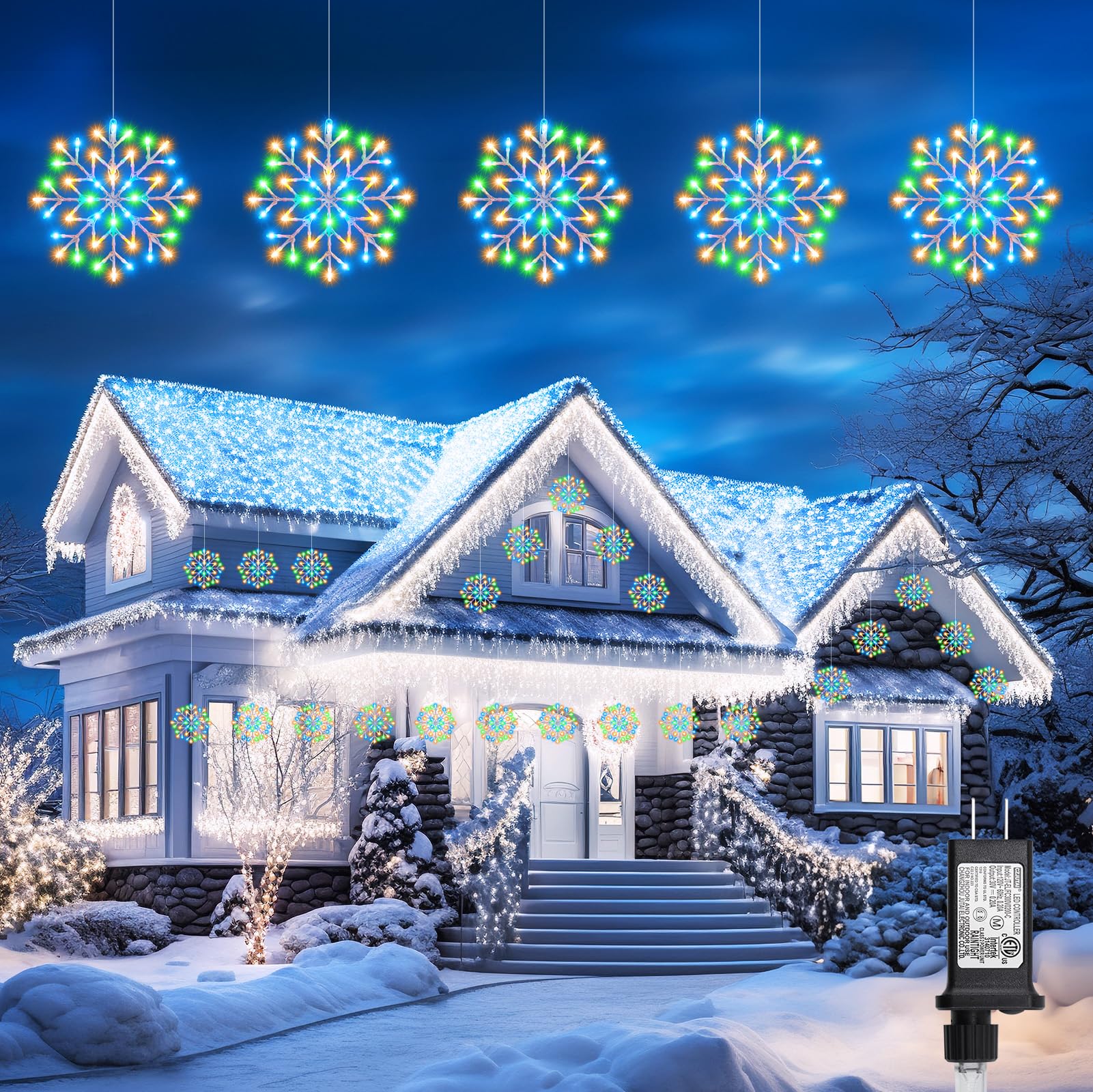 Christmas Snowflake Icicle Lights Outdoor - Plug-in 10.5ft 5 Drops 240LED Snowflake Window Lights with 8 Modes, Hanging Lights f