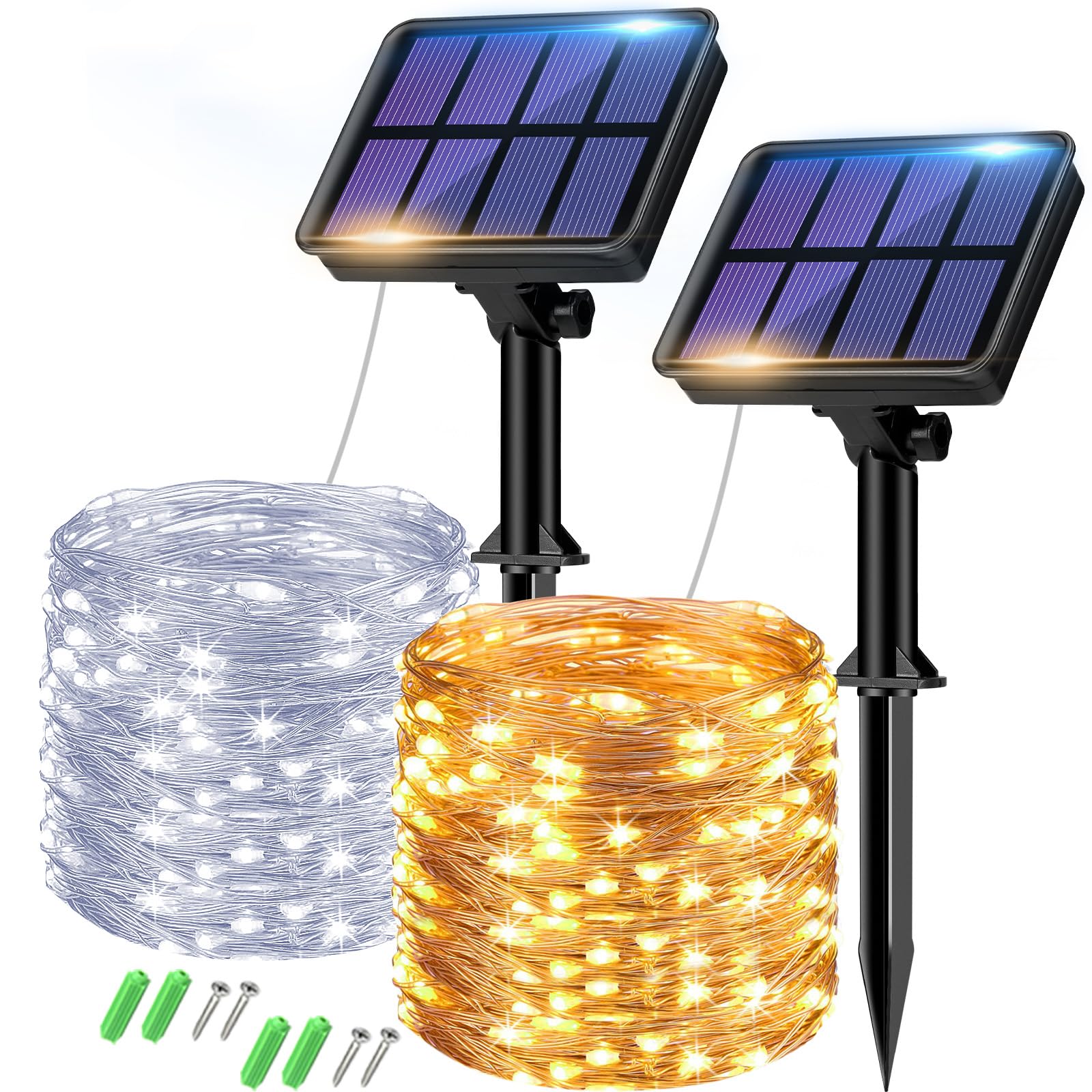 2 Pack Solar String Lights Outdoor - 160Led 66Ft Solar Fairy Lights Outside Waterproof 8 Modes, Copper Wire Solar Powered Twinkl