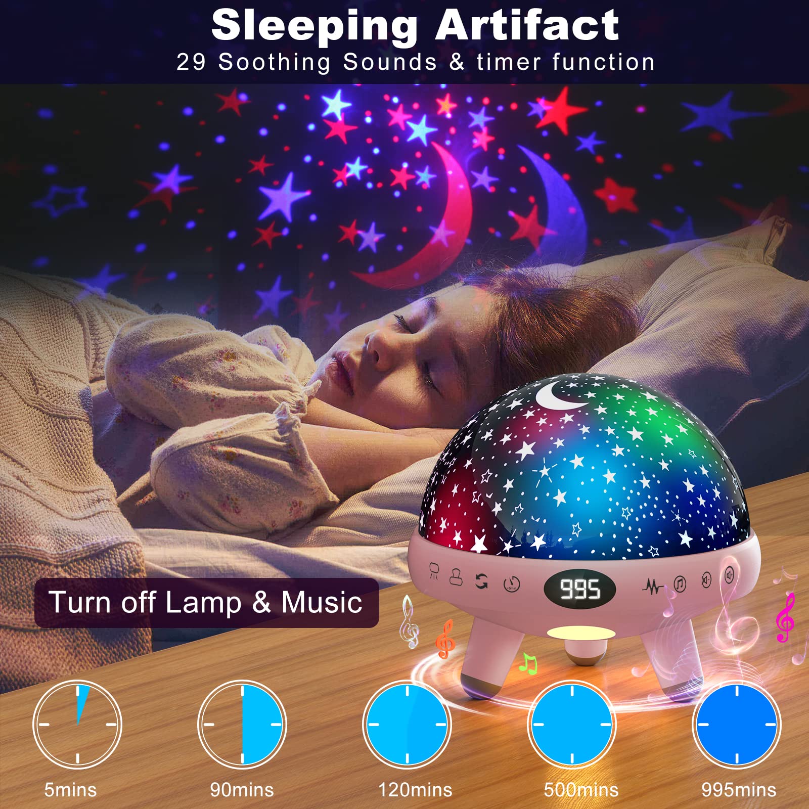 Yachance Baby Night Light Star Projector With Sound Machine, Pink, Model 008, 9 Natural Sounds & 20 Lullabies, Remote Control, Timer