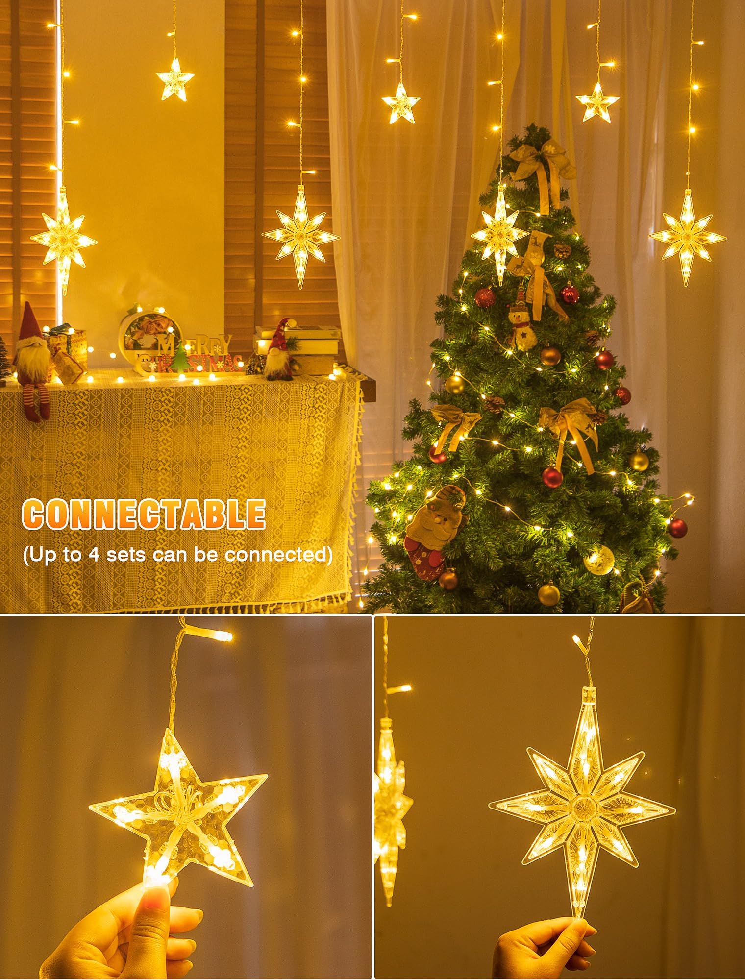 Beewin 126 Led Star Icicle Lights,7.8Ft Connectable Window Curtain Lights Plug In,8 Lighting Modes Timer Bethlehem Star Christmas Lights For Indoor Outdoor,Bedroom,Wedding,Ramadan Decor,Warm White