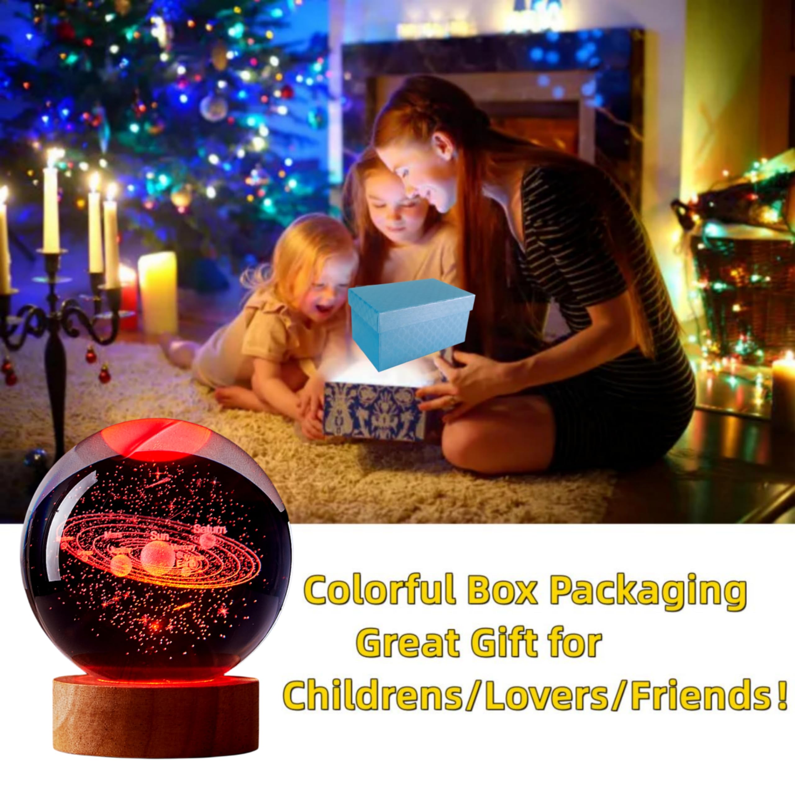 3D Solar System Crystal Ball Lamp, Upgraded 3.15 Inch Galaxy Crystal Ball Night Light With 16 Colors Led Wooden Base, Remote Con
