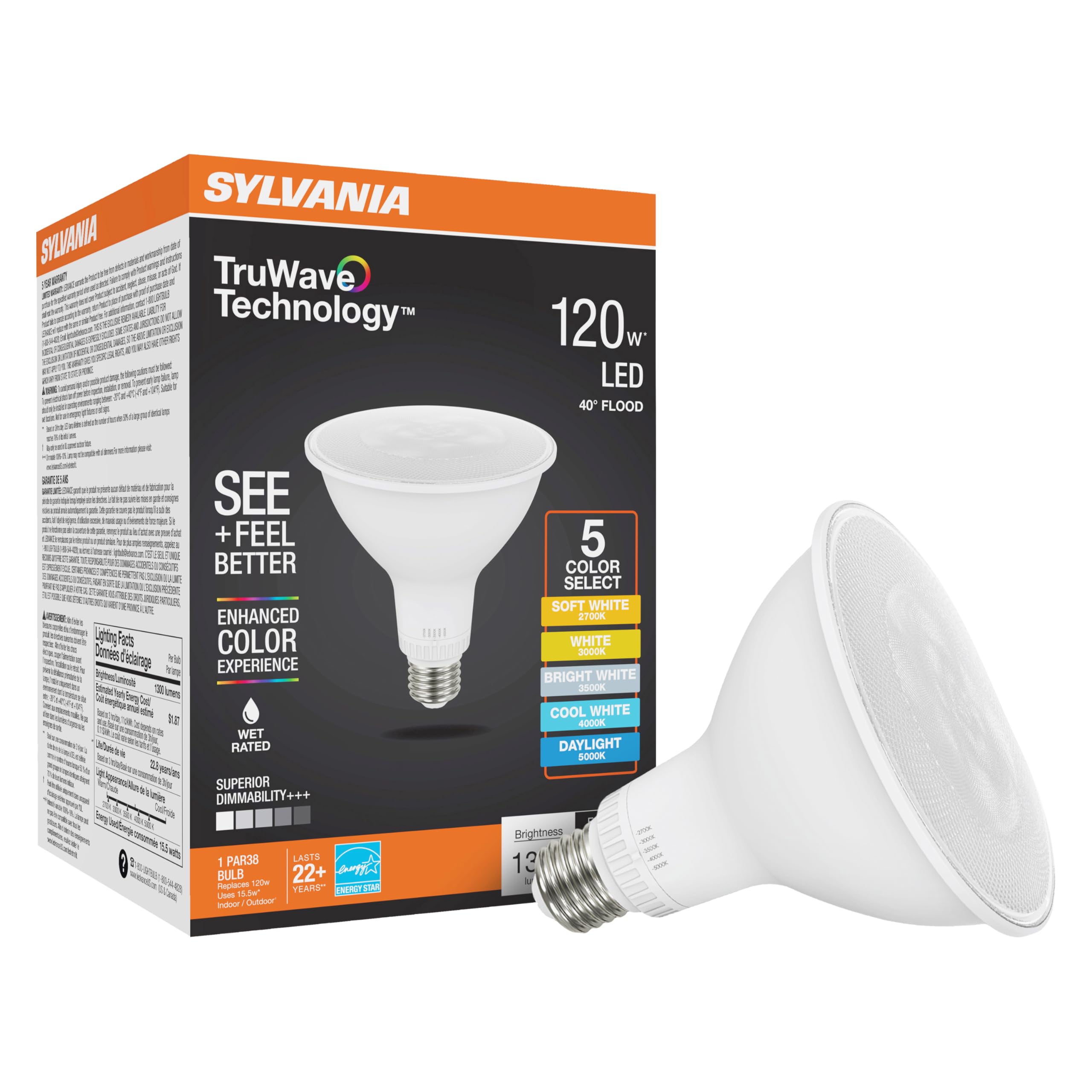Sylvania Truwave Par38 Led Light Bulb, 15.5W = 120W, 5 Cct Select 2700/3000 / 3500/4000 / 5000K, 40-Degree Angle, Dimmable, 1300