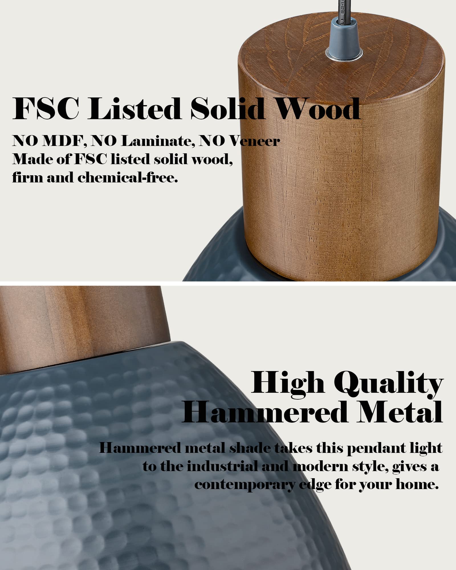 Elyona 3 Pack Adjustable Pendant Lights, Blue Hammered Metal & Wood, Modern Industrial Style