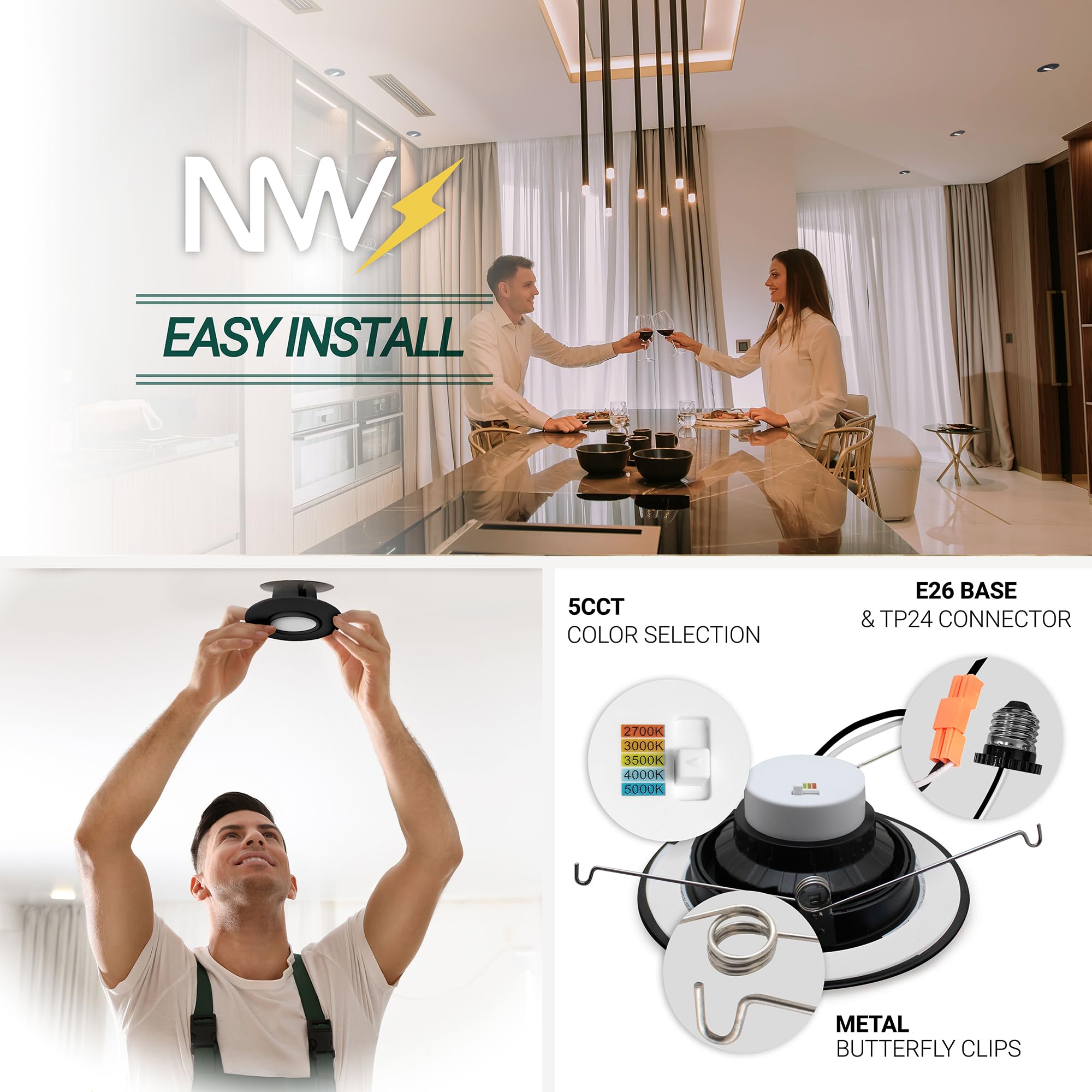 Nuwatt 6 Inch Led Black Gimbal Retrofit Recessed Lights, Selectable 5Cct 2700K/3000K/3500K/4000K/5000K, High Brightness, 1200Lm Dimmable, 16W, Directional Eyeball Light For Ceiling, Etl Listed 12 Pack