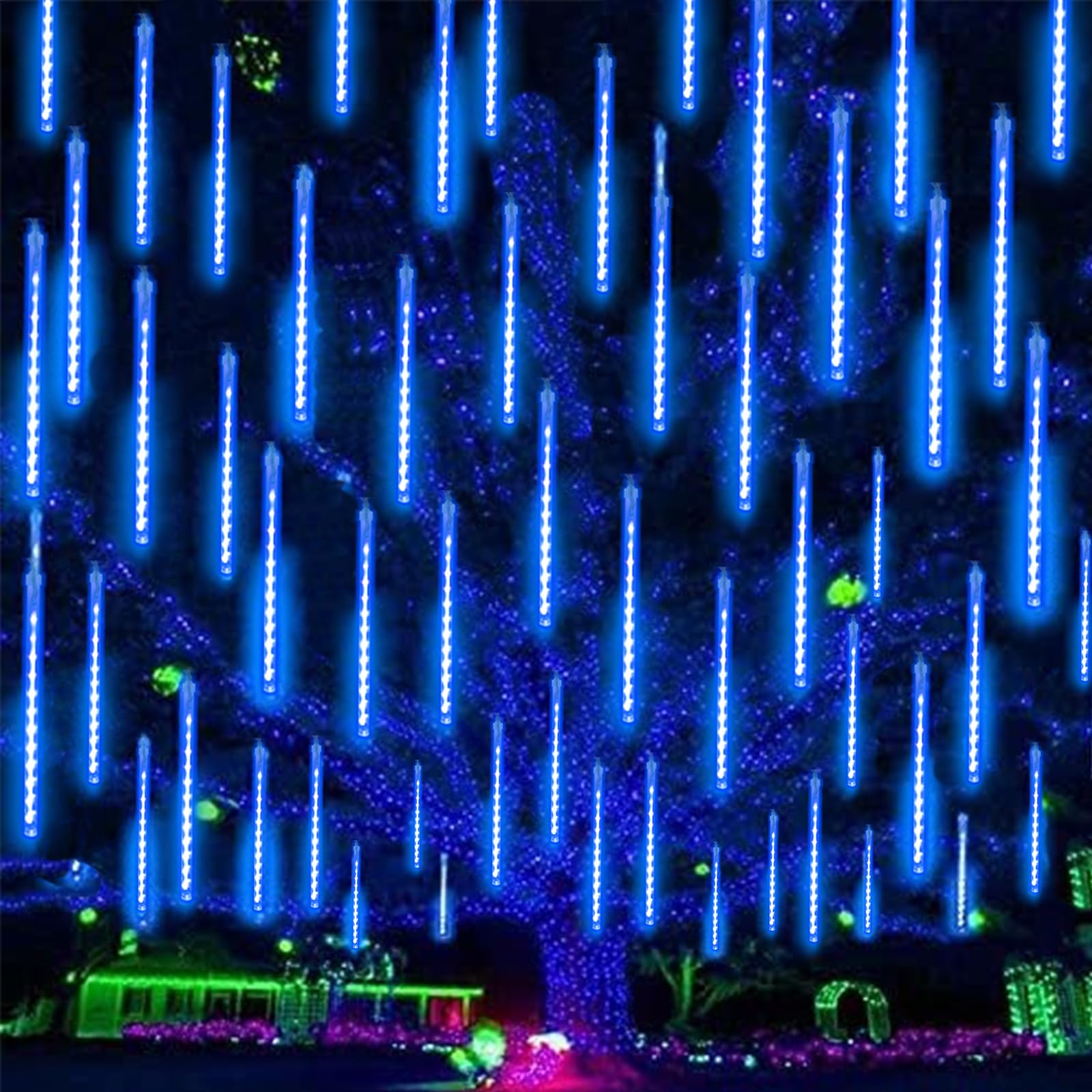 EXF Meteor Shower Lights 16 Tubes 384 LEDs Outdoor Indoor Rain Drop String Lights 2 Pack Plug in Blue Model MLS-D5V3.6WUT-O