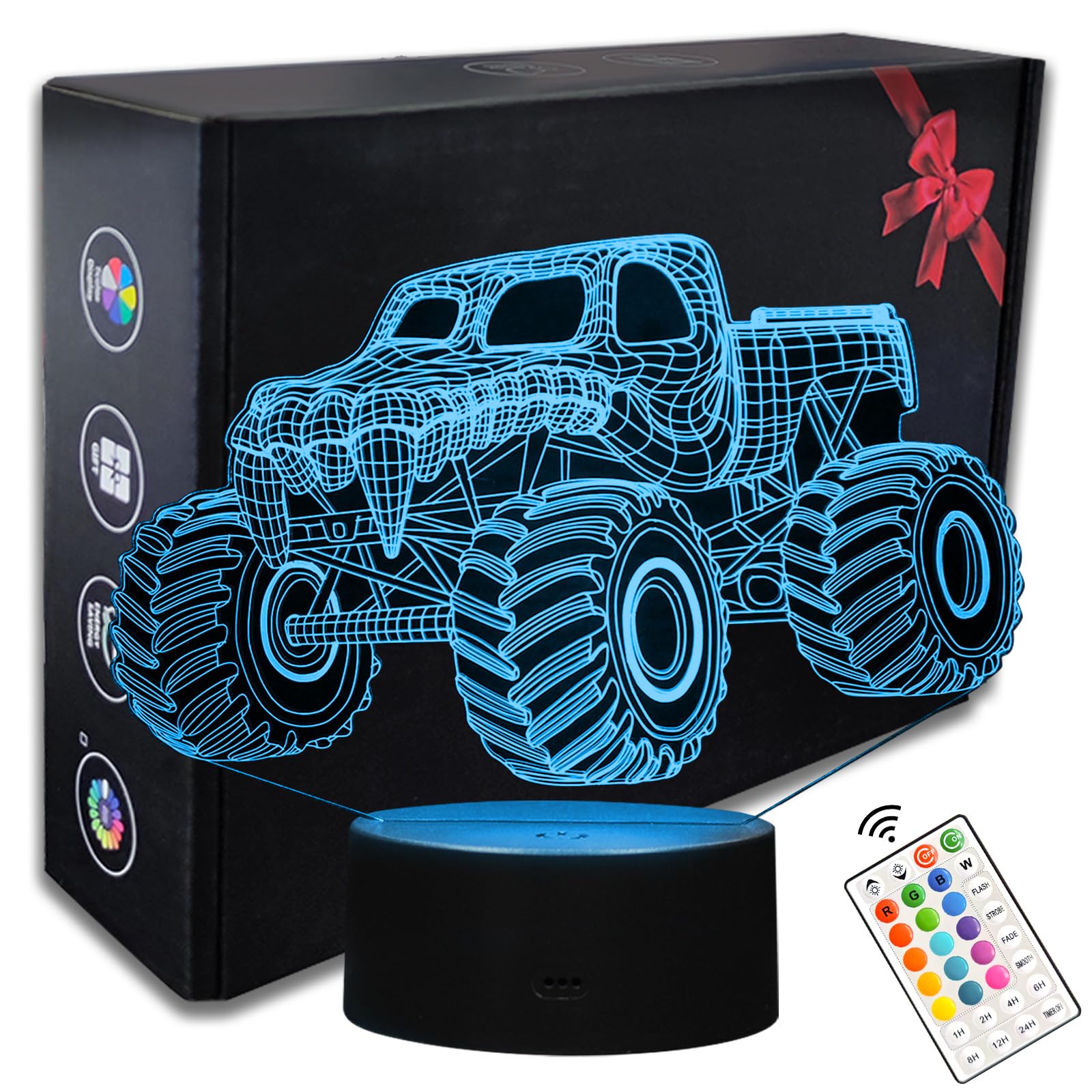 Monster Truck 3D LED Night Lamp,16 Color Night Light for Boys-Monster Truck Night Light Optical Illusion Lamp with Remote Contro