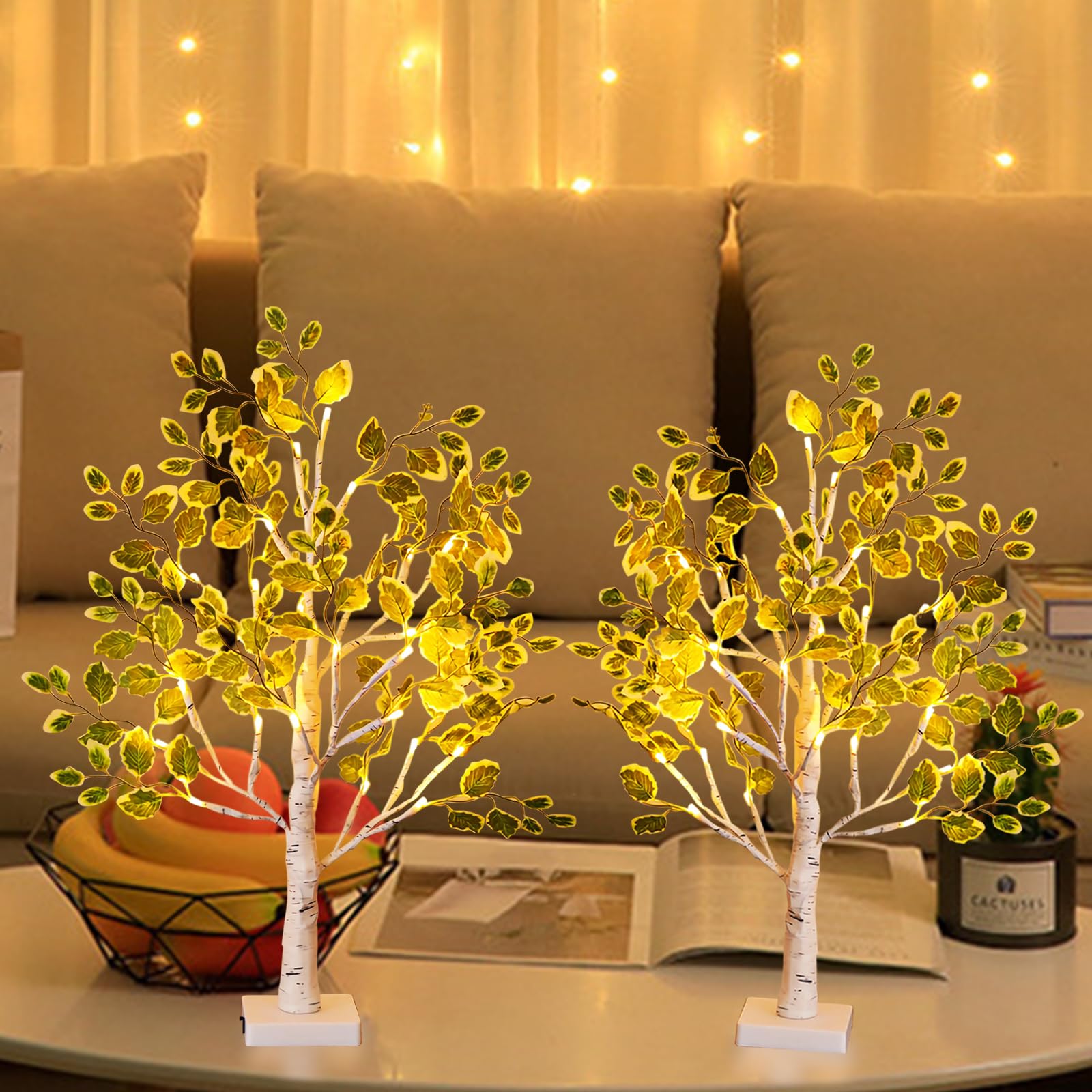 2 Packs of Green Leaf Tree LED Lighted USB or Battery Powered Tabletop Lights for Dining Rooms Bedside Table Family Gatherings a