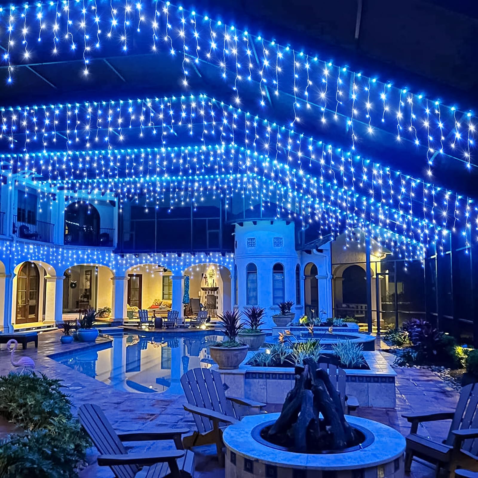 Einiiya Icicle Christmas Lights Outdoor, 400 LED, 33ft, Blue & White, 8 Modes, Waterproof, Model BG-CL3M3-306L01