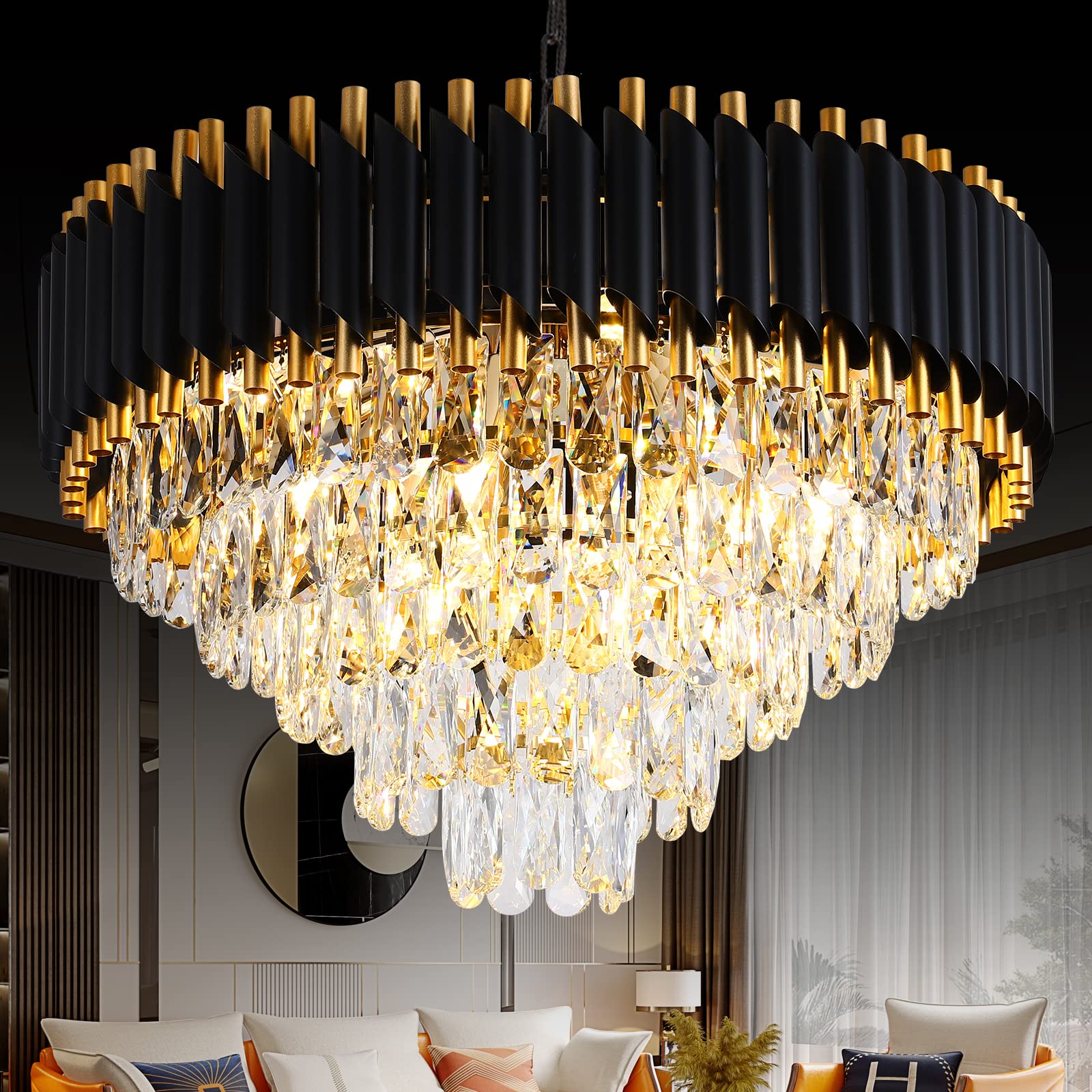 Gold Modern Crystal Chandeliers 5-Tier K9 Round Crystal Chandeliers Light Fixture 12 Lights Black Large Crystal Chandeliers Ceil