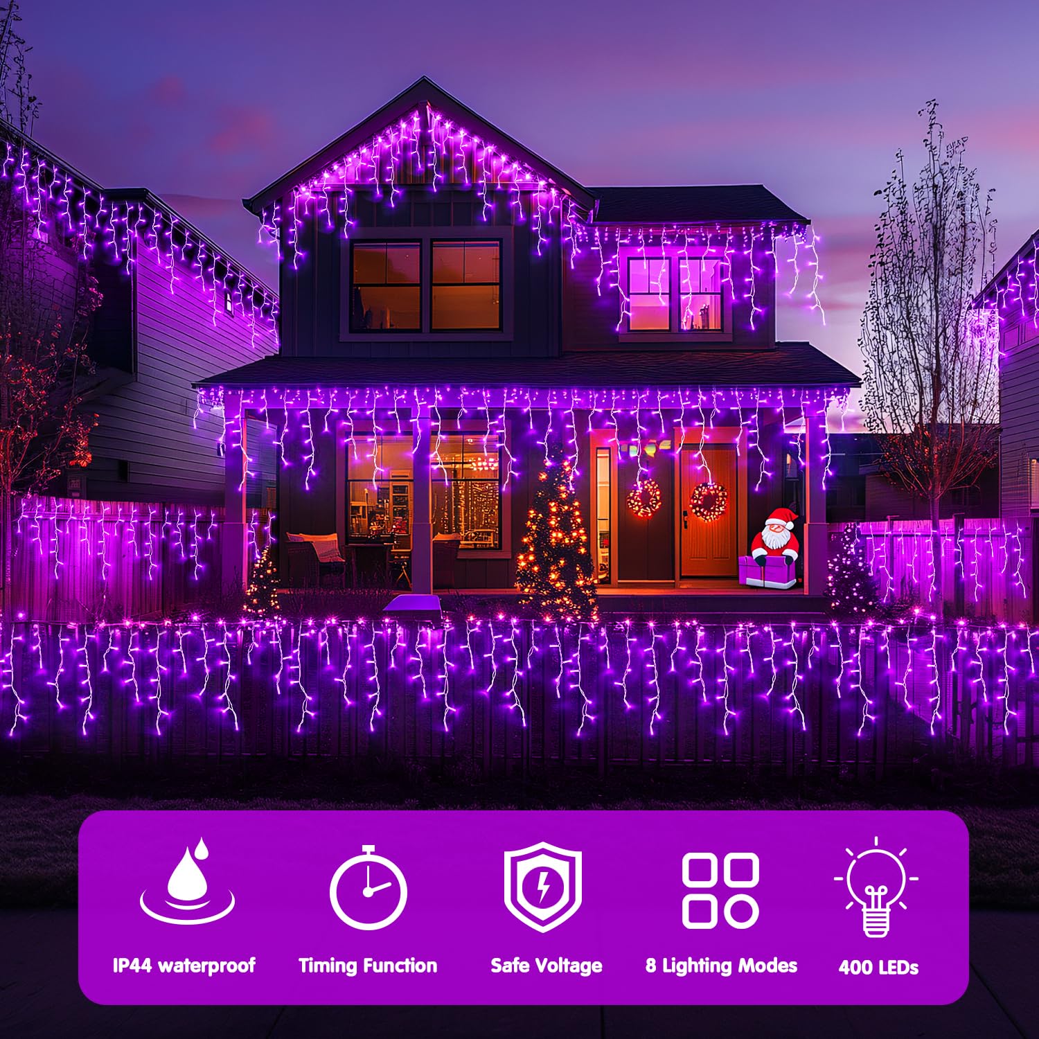 JMEXSUSS Purple Icicle Lights, 400 LED, 33.8 FT, Waterproof, 8 Modes, Model EXS-I-0400, Outdoor Christmas Decorations