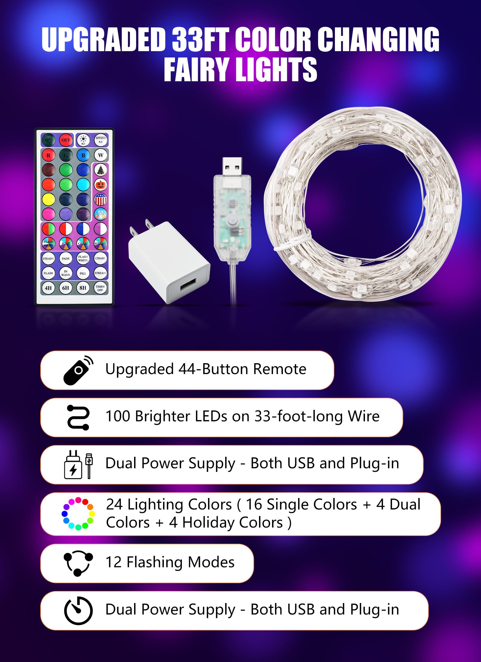 Minetom 33ft Color Changing Fairy String Lights - 100 LED USB Operated Silver Wire with Remote for Indoor Decor and Parties