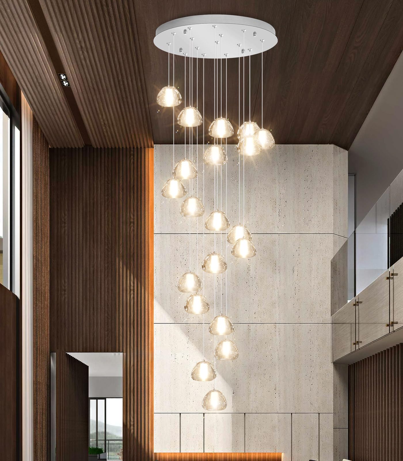 dolria 20-Light Modern Chandelier, Crystal Pendant Light Fixture, Silver, Model PC0010, Ideal for High Ceilings, Stairwell, Living Room