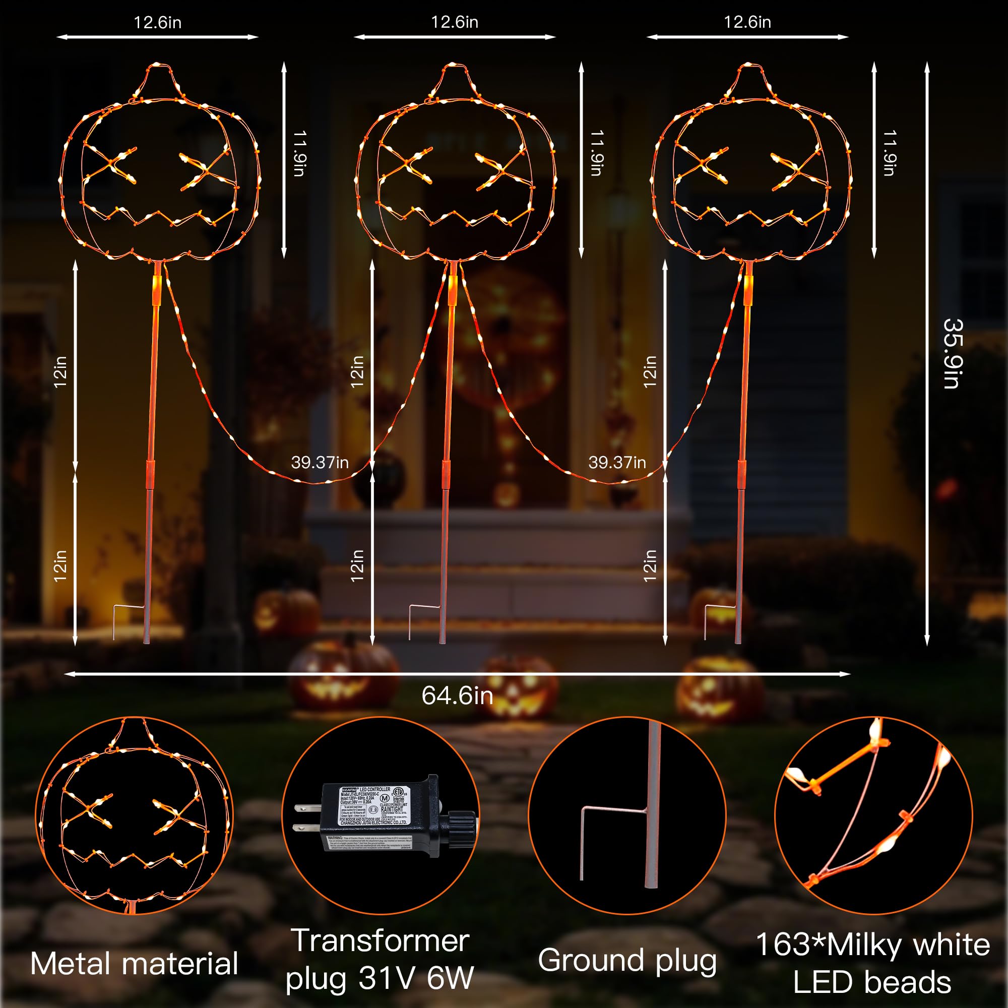 Hopolon Halloween Walkway Lights, 3-Pack Orange Pumpkin Stake Lights, IP44 Waterproof, 8 Modes, 163 LED Outdoor Decorations