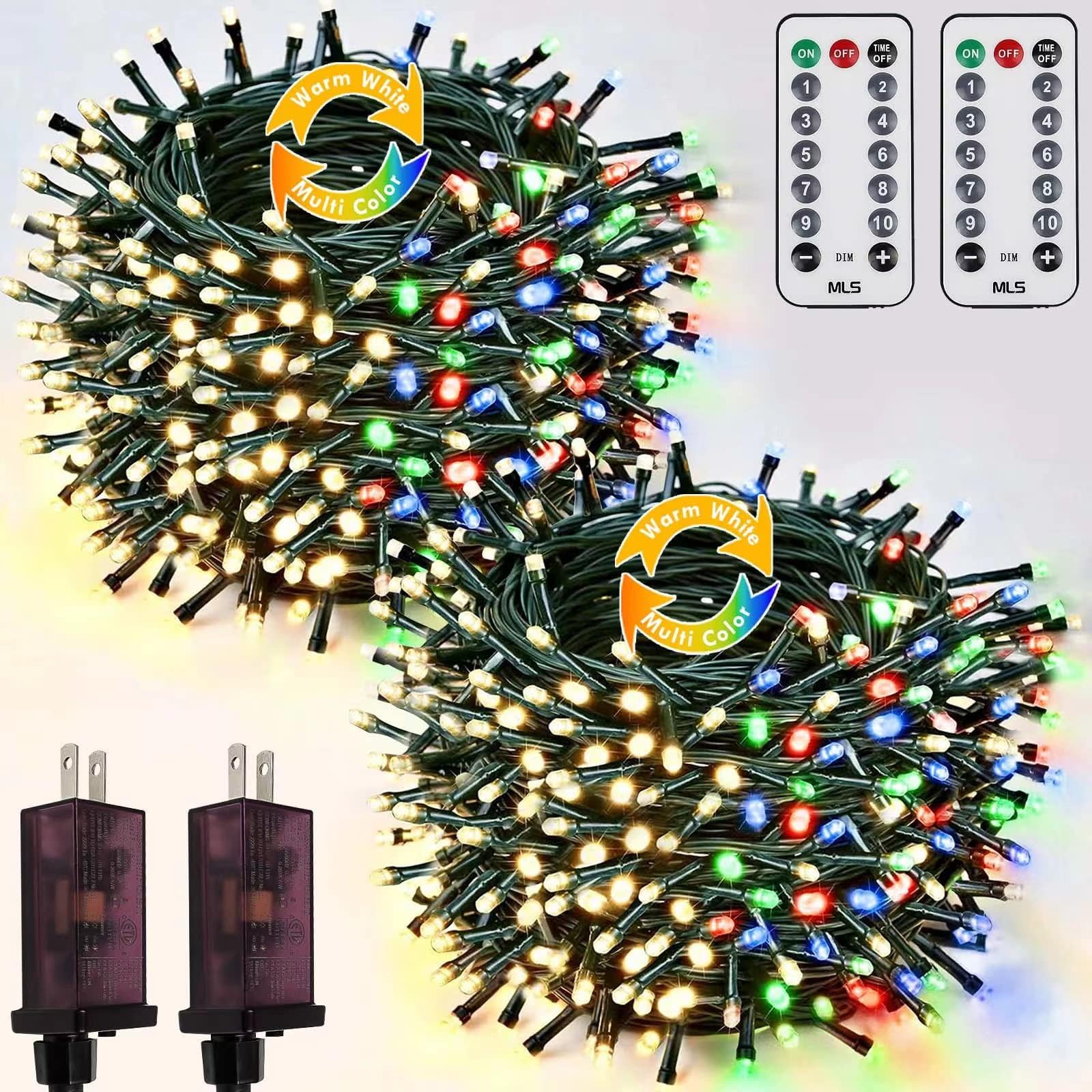 2 Pack Warm White to Multicolor Christmas Lights Indoor Outdoor, Super Bright 66FT 200 LED String Lights Waterproof, Twinkle Xmas Lights with Timer for Bedroom Party Christmas Tree Decorations