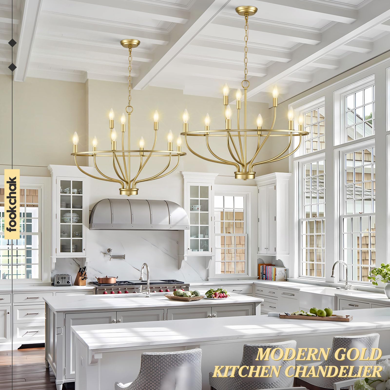 FookChak 9-Light Gold Metal Candle Chandelier, 28.54in, Vintage Design for Dining Room, Foyer, Kitchen Island, Bedroom