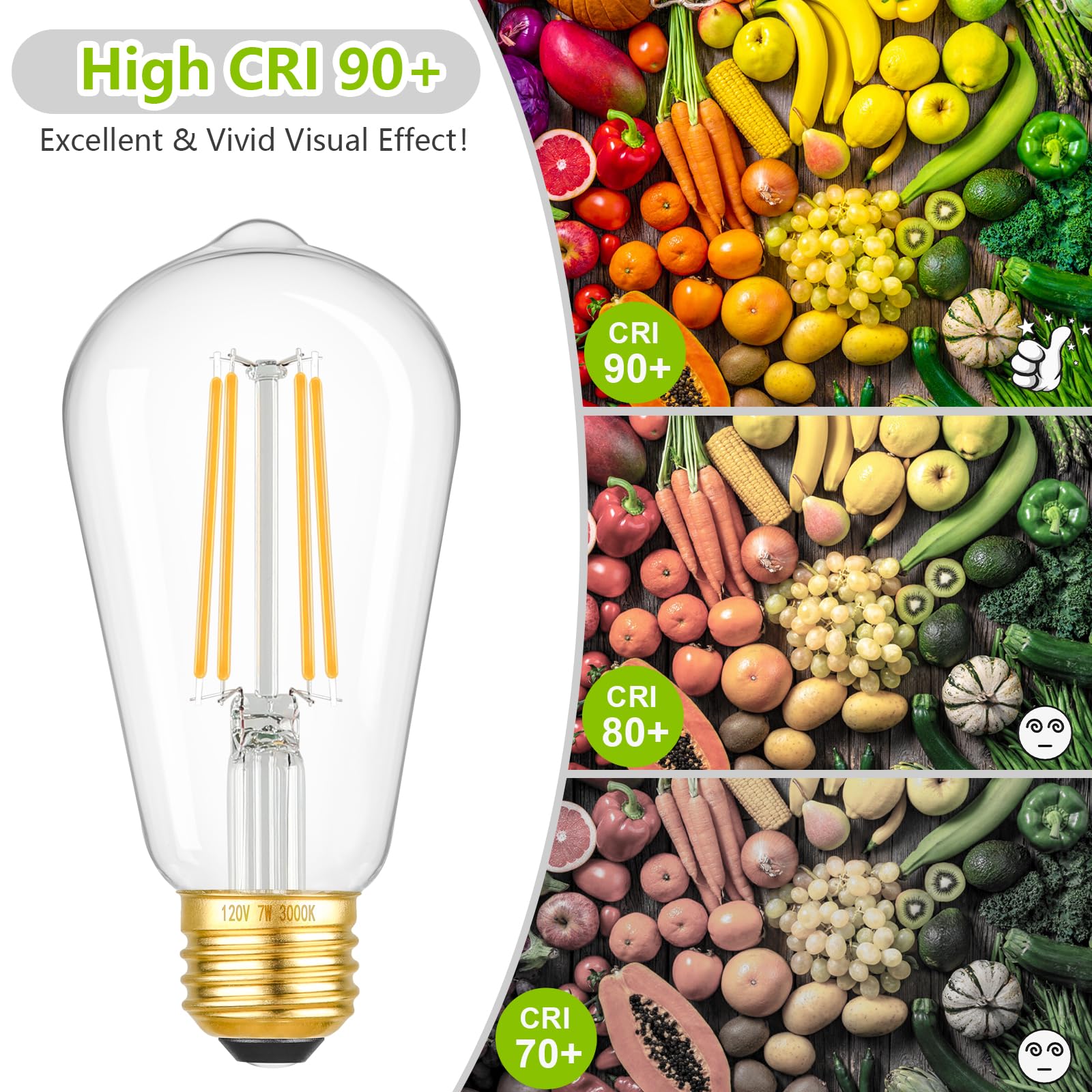 Kondras Dimmable Led Bulbs, 7W 900Lumens High Brightness, 60W Incandescent Equivalent Bulbs, 3000K Soft White, St58 Antique Fila