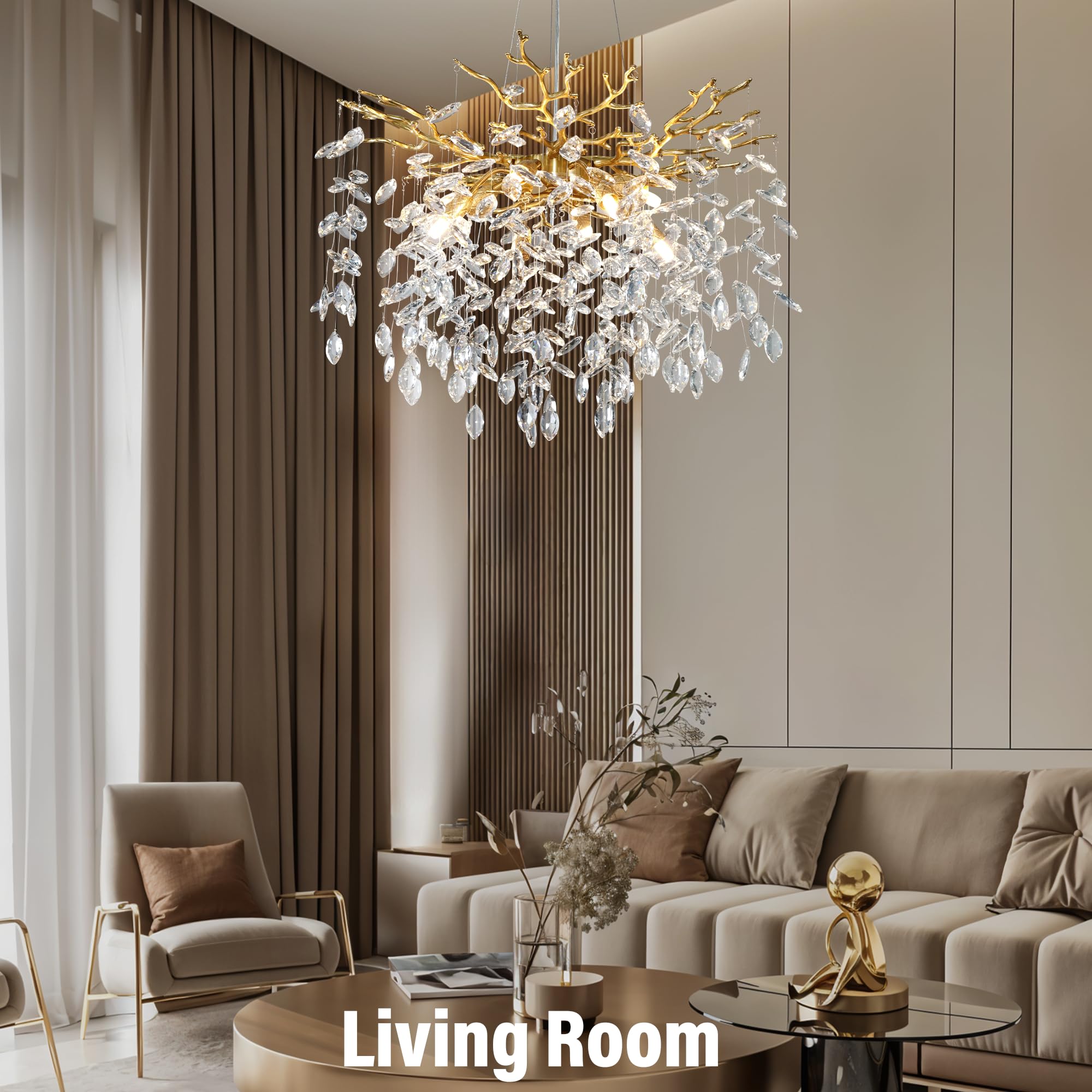 Yuyi 23.6 Modern Gold Tree Branch Crystal Chandelier  8-Light Round Raindrop Pendant Lighting For Dining Room Living Room Bedroom Kitchen Foyer Entryway  stylish K9 Crystal Statement Light Fixture