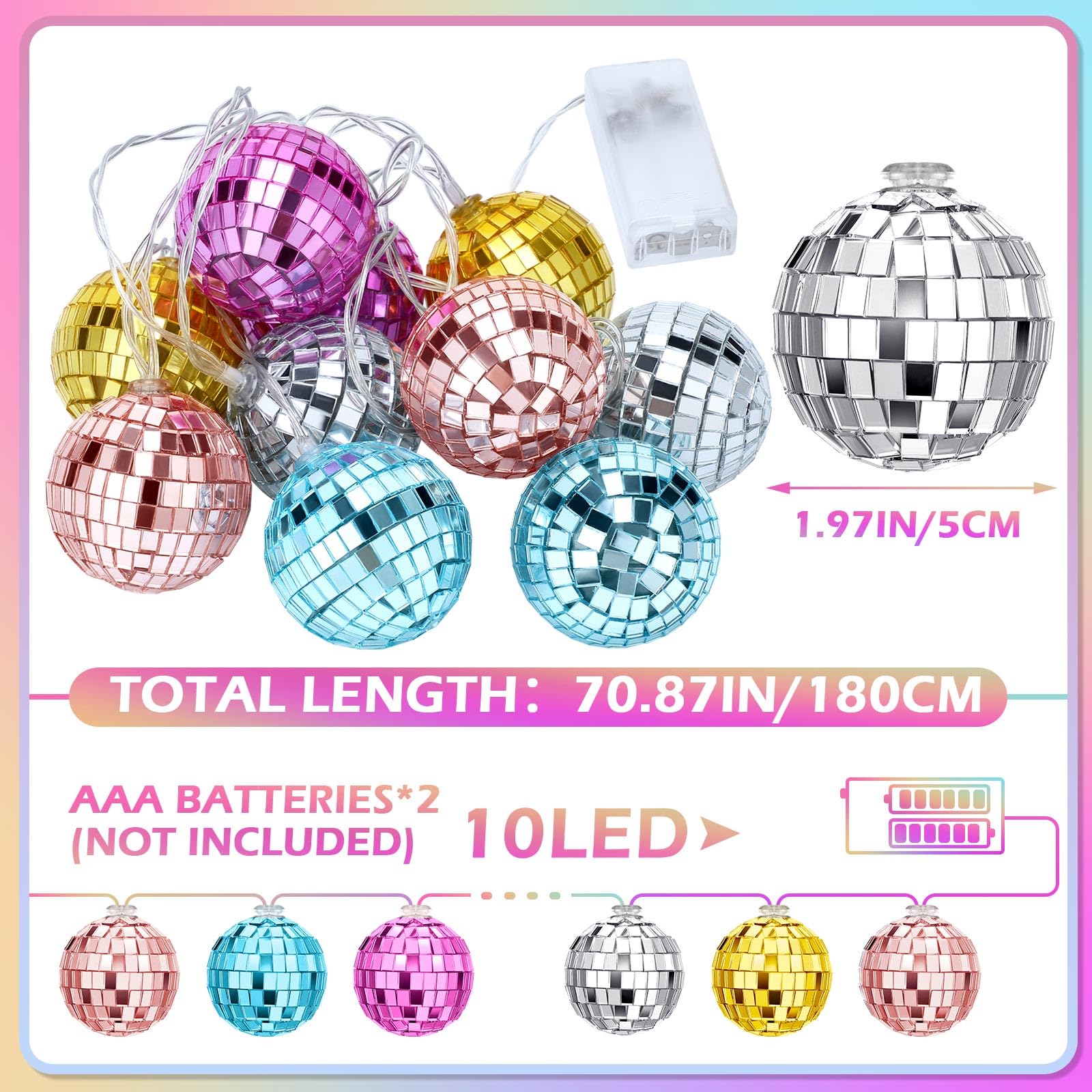 BBTO LED Disco Ball String Light, 10 Pcs, 2 Inch, Battery Powered, Vivid Color, Model BBTO-Disco Ball-90