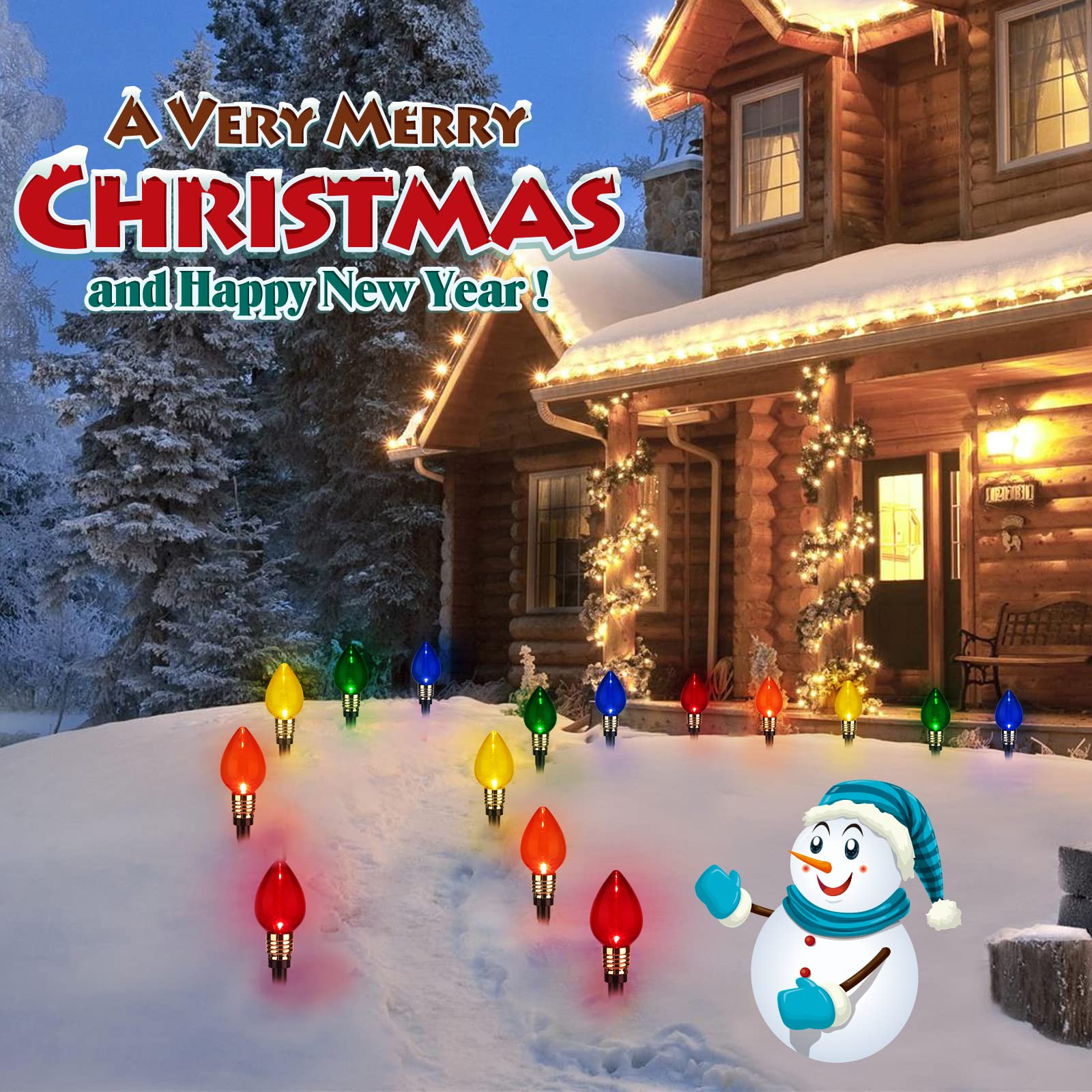 Brightown C9 Christmas Pathway Lights - 4 Pack, 69.6 Ft, Waterproof, Multicolor for Yard, Sidewalk & Driveway Decorations
