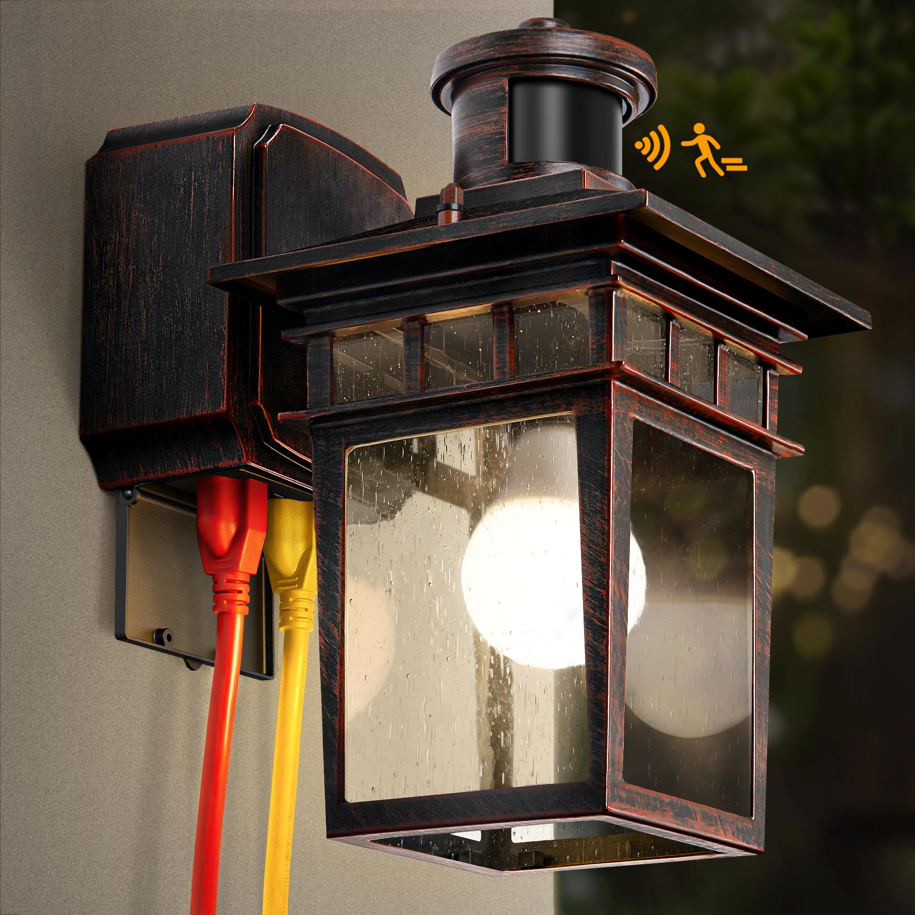 Porch Light with GFCI Outlet, Black & Bronze Gold Dusk to Dawn Motion Sensor Outdoor Lights, 3-Mode Wall Exterior Lighting Fixtu