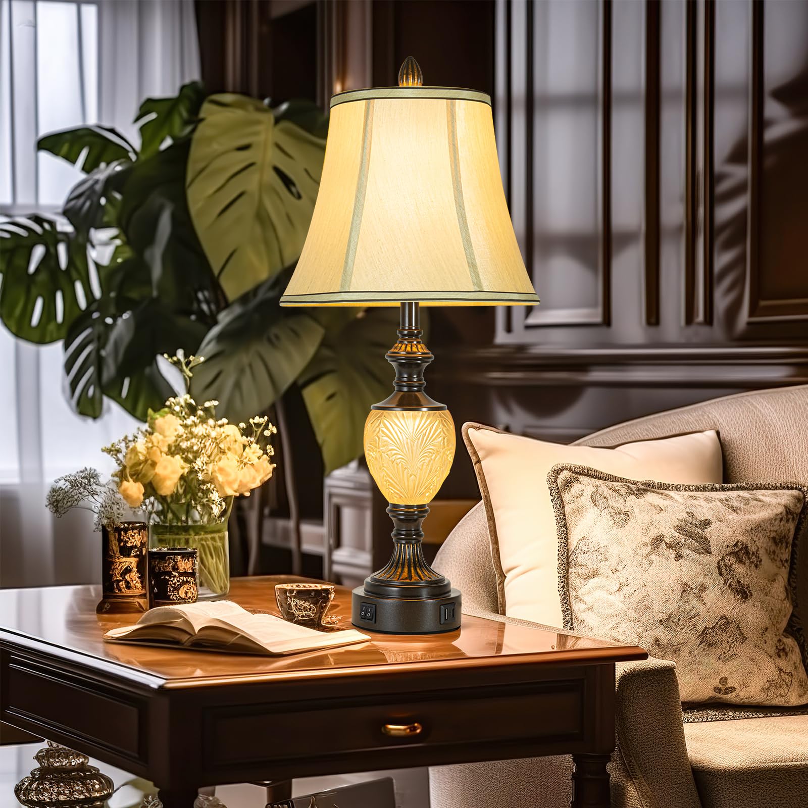 LuxSight Collection 27'' High Vintage Table Lamp Set of 2, Dark Brown, Fabric Shades, USB Nightlight, Model PL8018 for Living Room & Bedroom