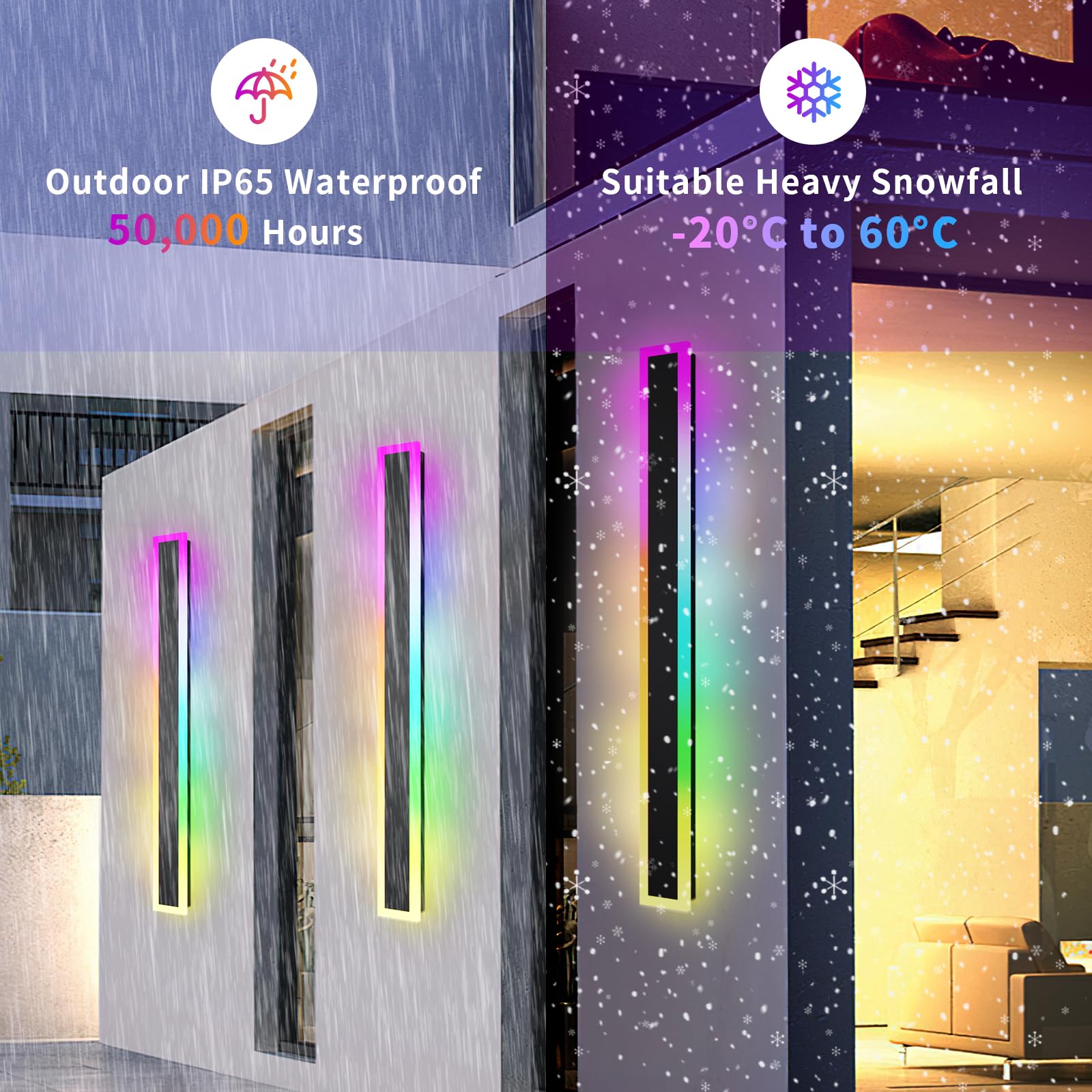 LannlKer Outdoor RGB Long Wall Lights, 31.5in Dimmable LED, IP65 Waterproof, Remote & APP Control, Acrylic, Model BD-RGBICW80